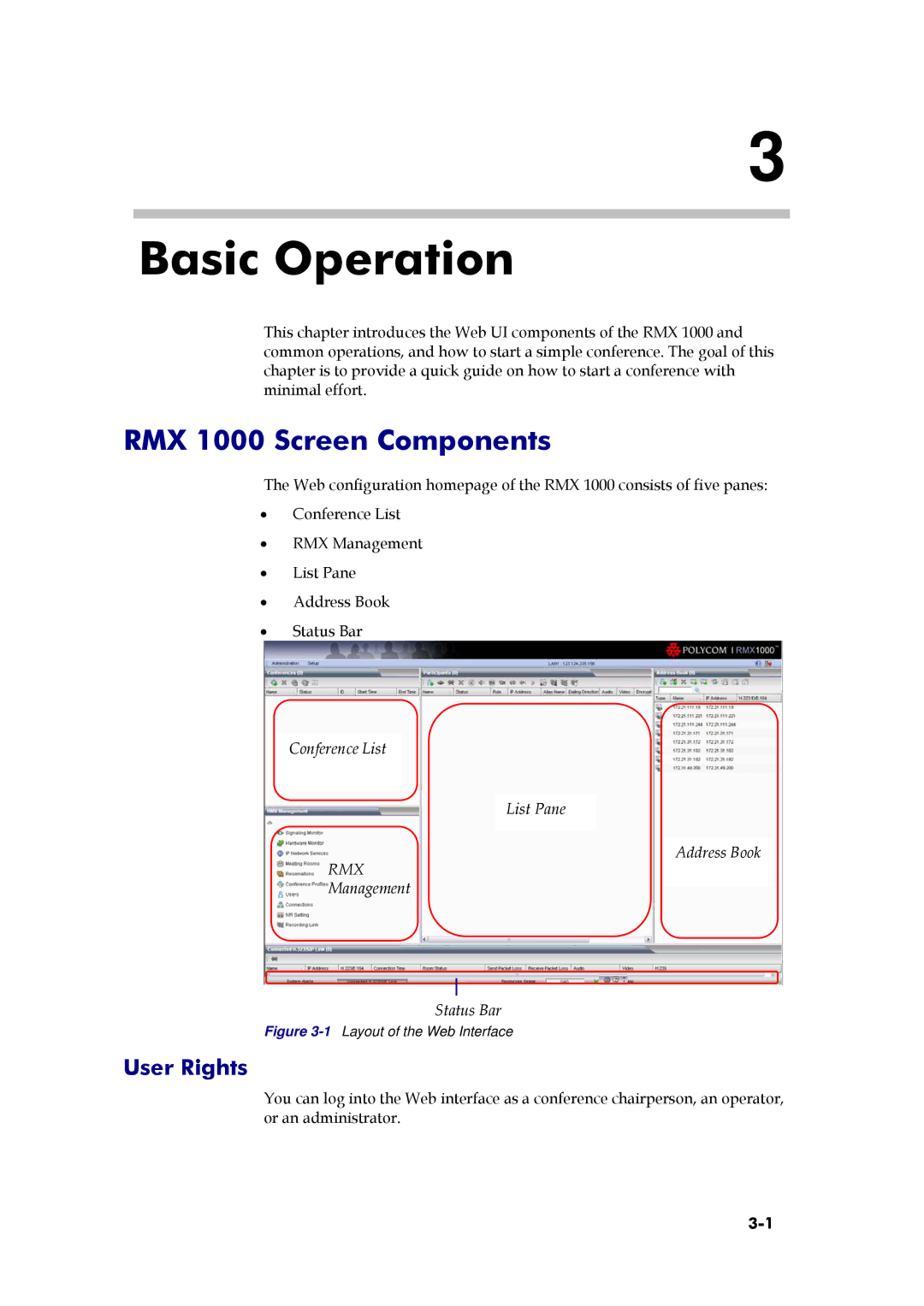 Polycom 3150-16966-002 manual Basic Operation, RMX 1000 Screen Components, User Rights 