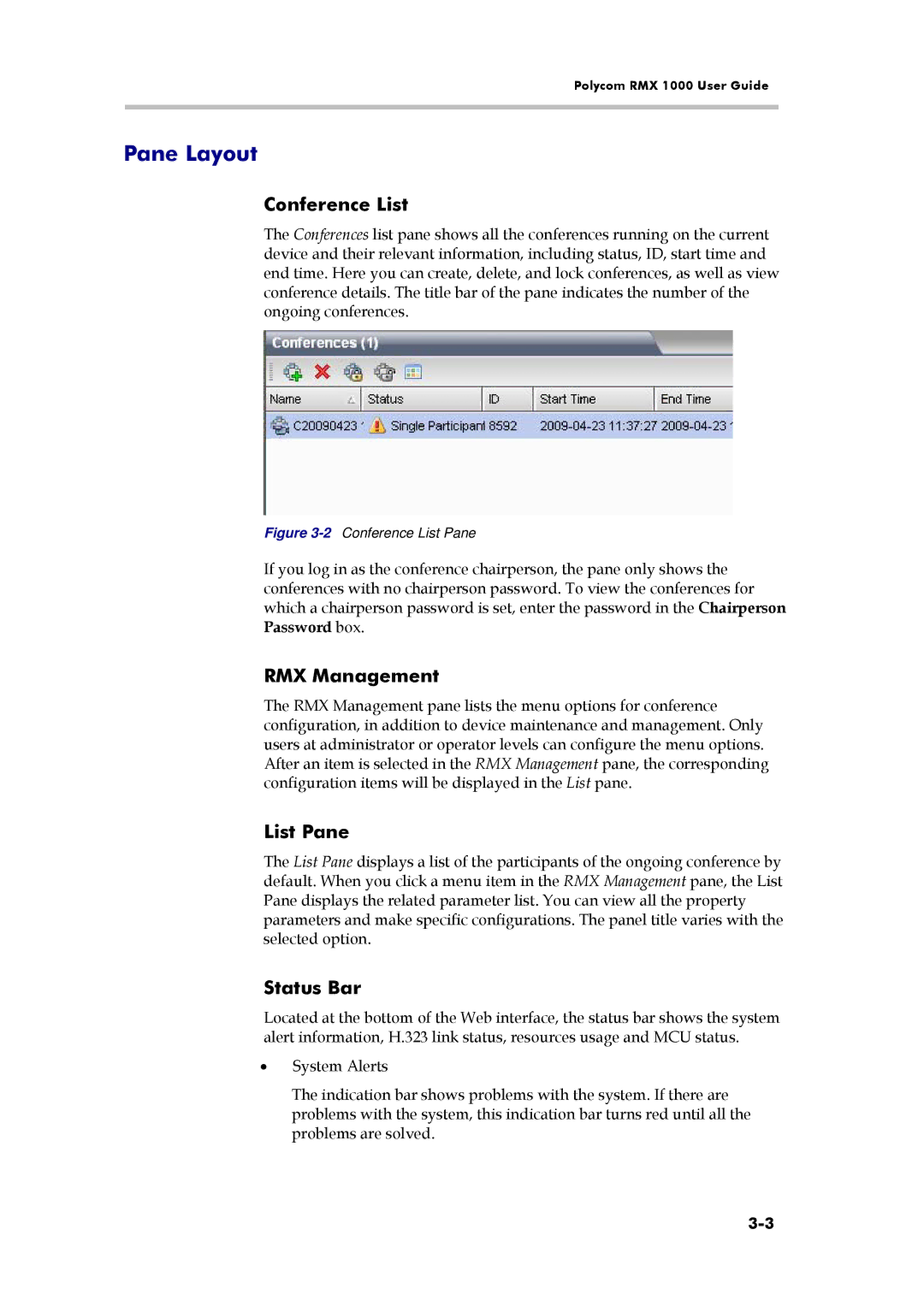 Polycom RMX 1000, 3150-16966-002 manual Pane Layout, Conference List, RMX Management, List Pane, Status Bar 