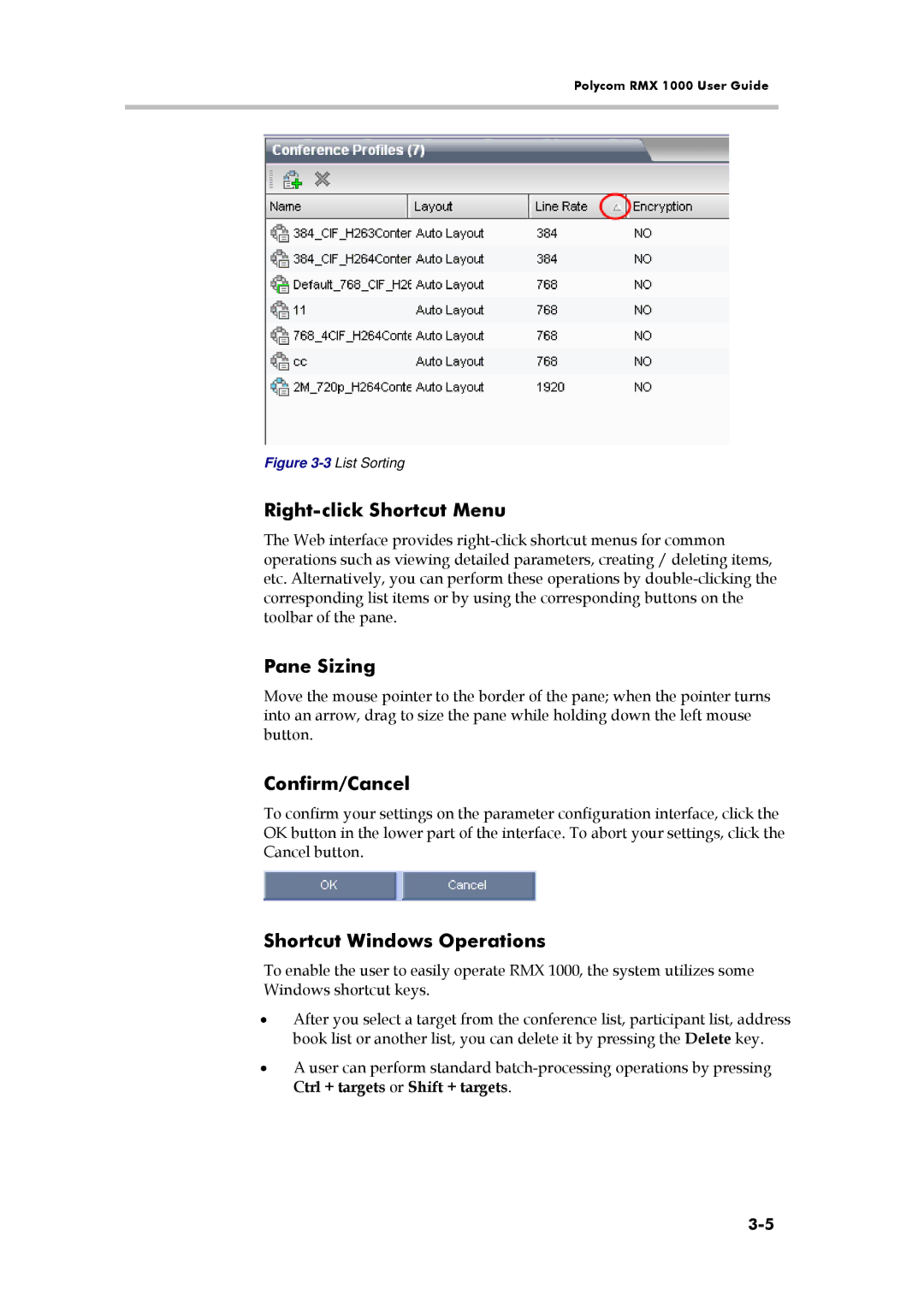 Polycom RMX 1000, 3150-16966-002 manual Right-click Shortcut Menu, Pane Sizing, Confirm/Cancel, Shortcut Windows Operations 