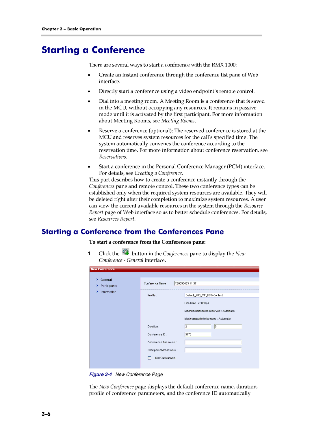 Polycom 3150-16966-002, RMX 1000 manual Starting a Conference from the Conferences Pane 