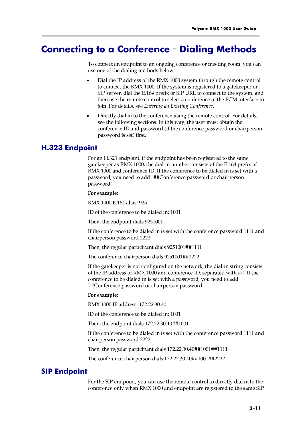 Polycom RMX 1000, 3150-16966-002 manual Connecting to a Conference-Dialing Methods, SIP Endpoint 