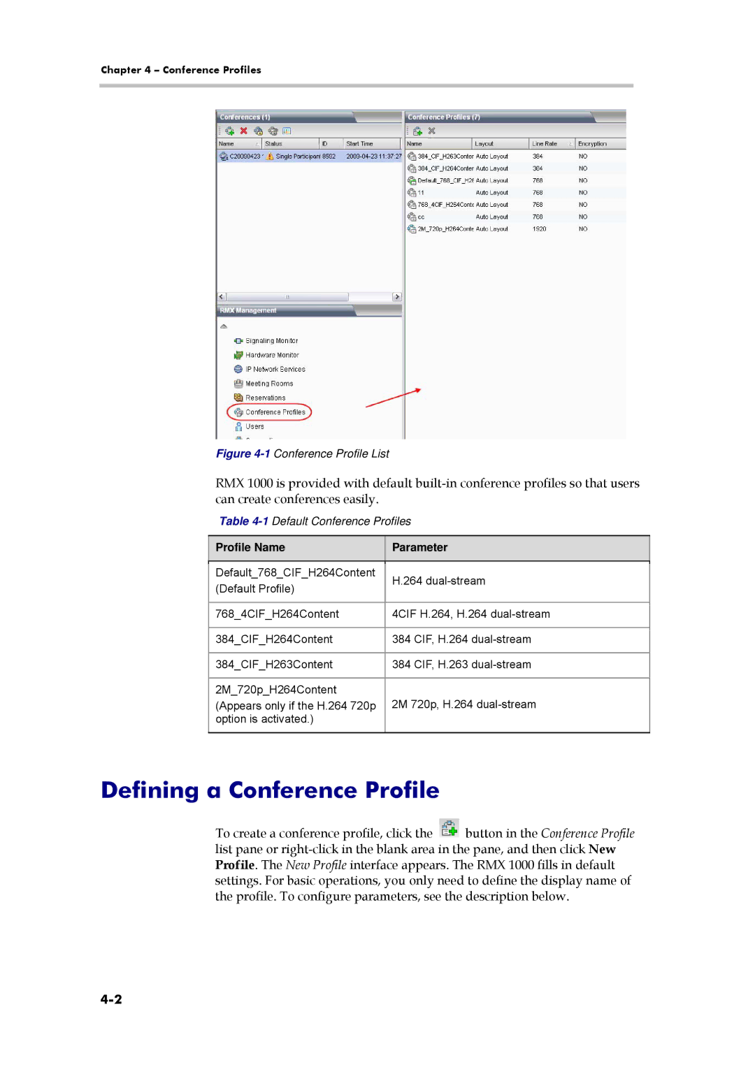 Polycom 3150-16966-002, RMX 1000 manual Defining a Conference Profile, 1Default Conference Profiles, Profile Name Parameter 