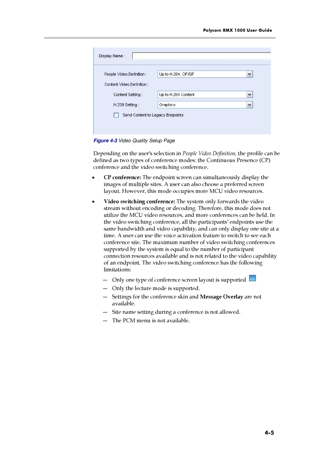 Polycom RMX 1000, 3150-16966-002 manual 3Video Quality Setup 