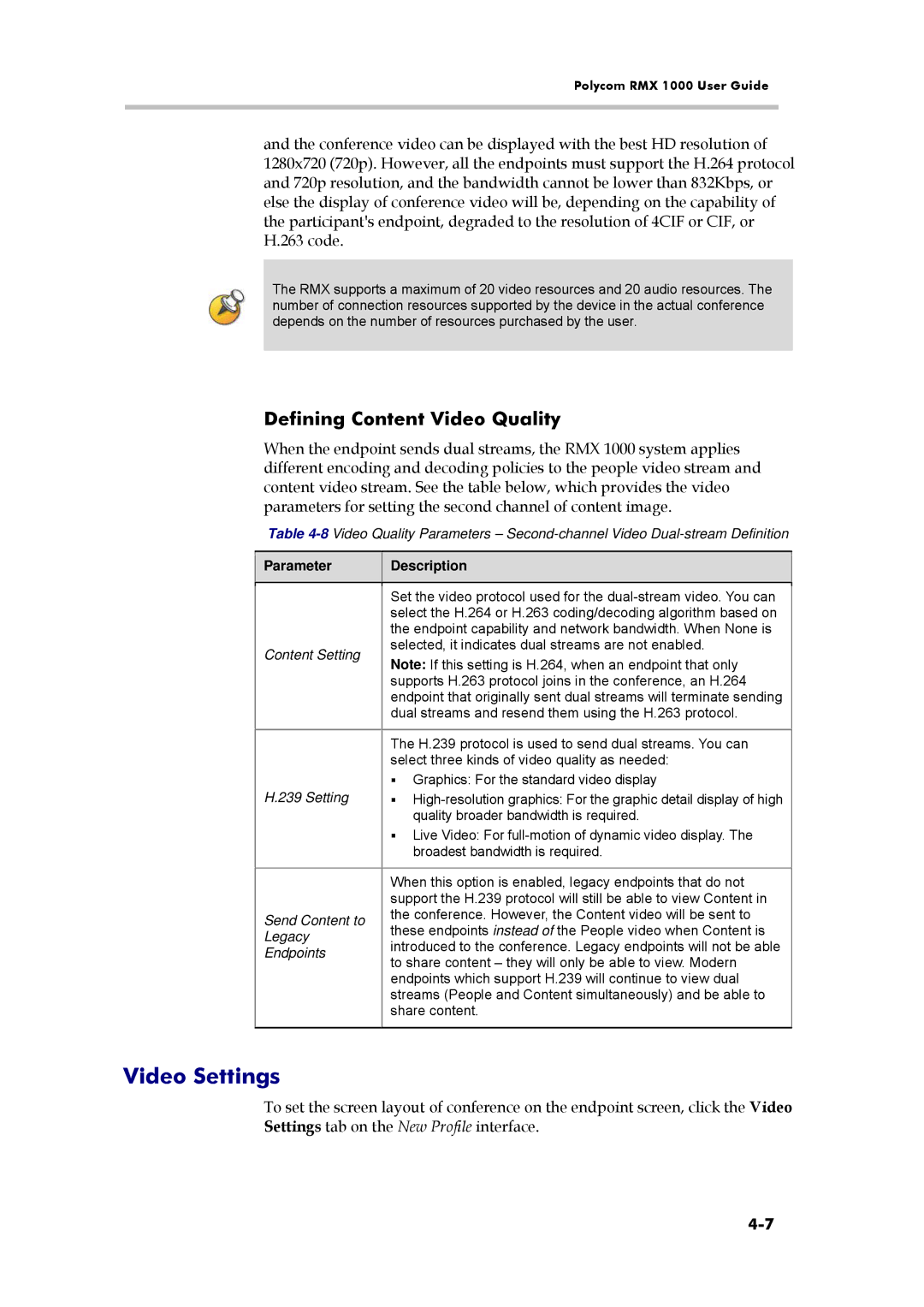 Polycom RMX 1000, 3150-16966-002 manual Video Settings, Defining Content Video Quality 