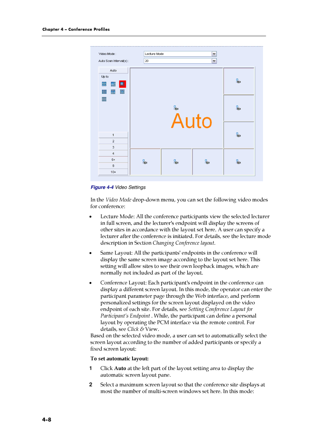 Polycom 3150-16966-002, RMX 1000 manual To set automatic layout, 4Video Settings 