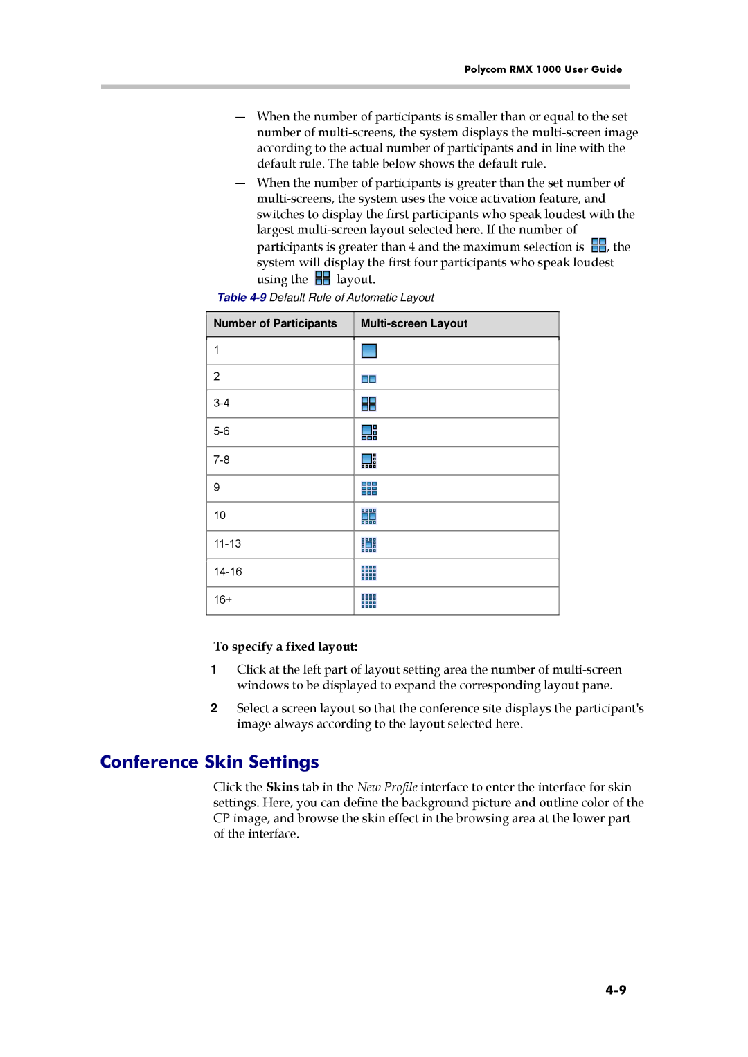 Polycom RMX 1000, 3150-16966-002 Conference Skin Settings, To specify a fixed layout, 9Default Rule of Automatic Layout 