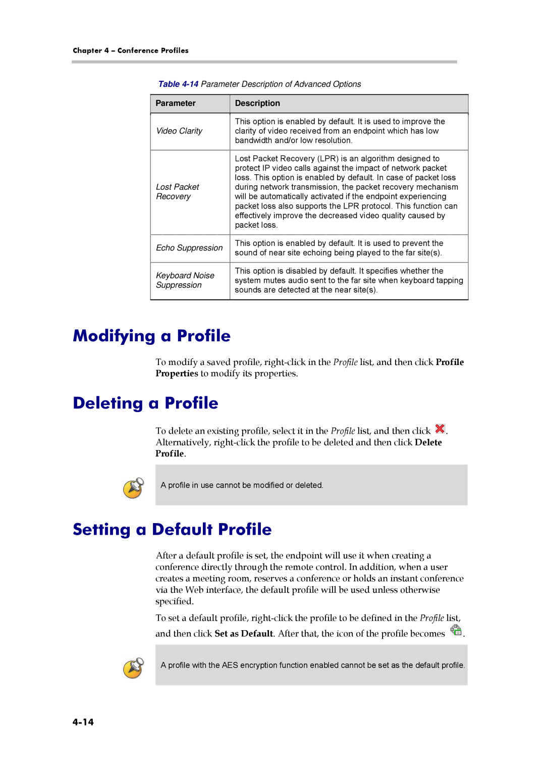 Polycom 3150-16966-002, RMX 1000 manual Modifying a Profile, Deleting a Profile, Setting a Default Profile 