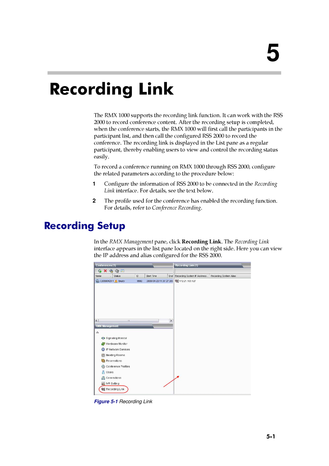 Polycom RMX 1000, 3150-16966-002 manual Recording Link, Recording Setup 