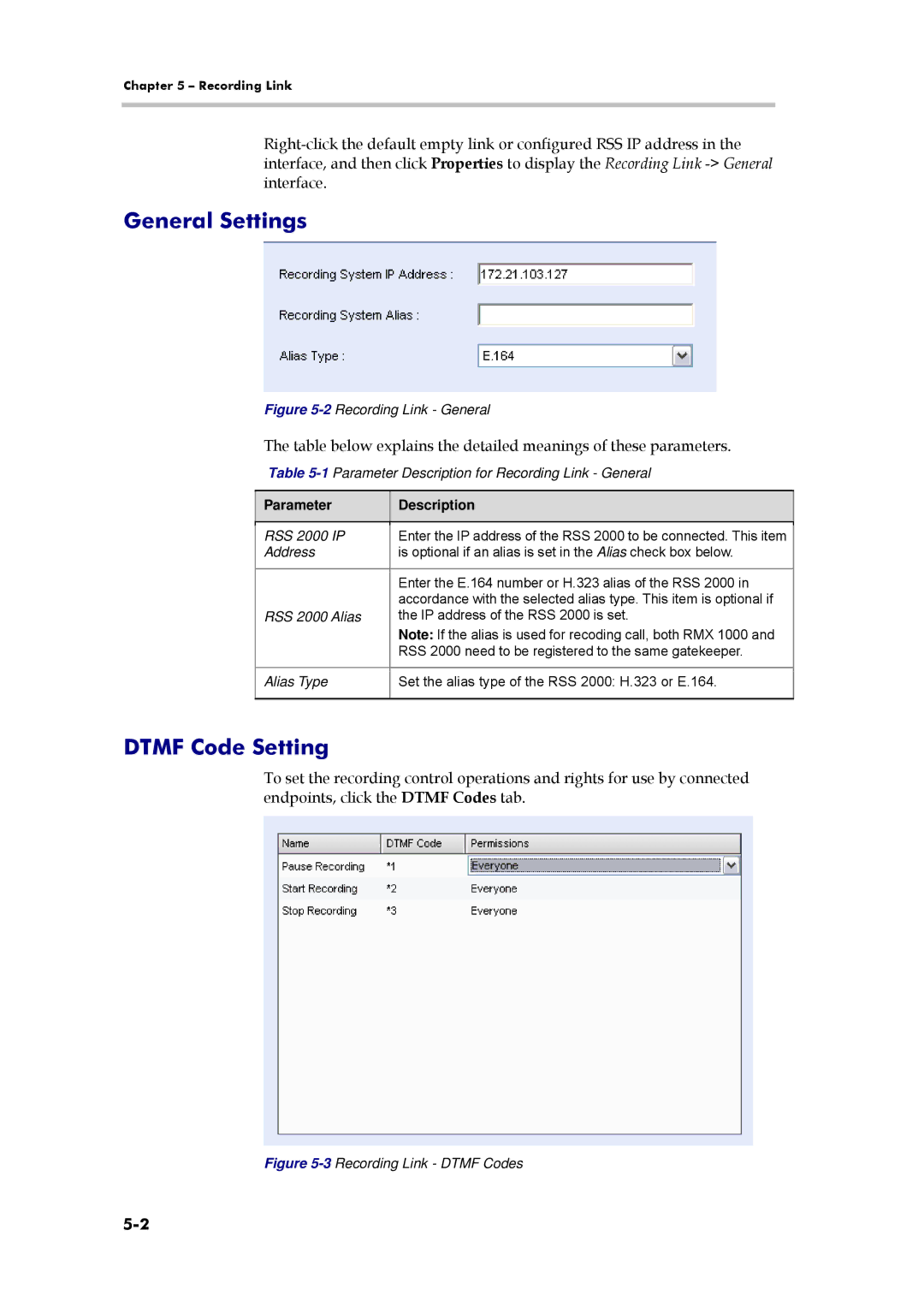 Polycom 3150-16966-002, RMX 1000 manual Dtmf Code Setting, 1Parameter Description for Recording Link General, RSS 2000 IP 