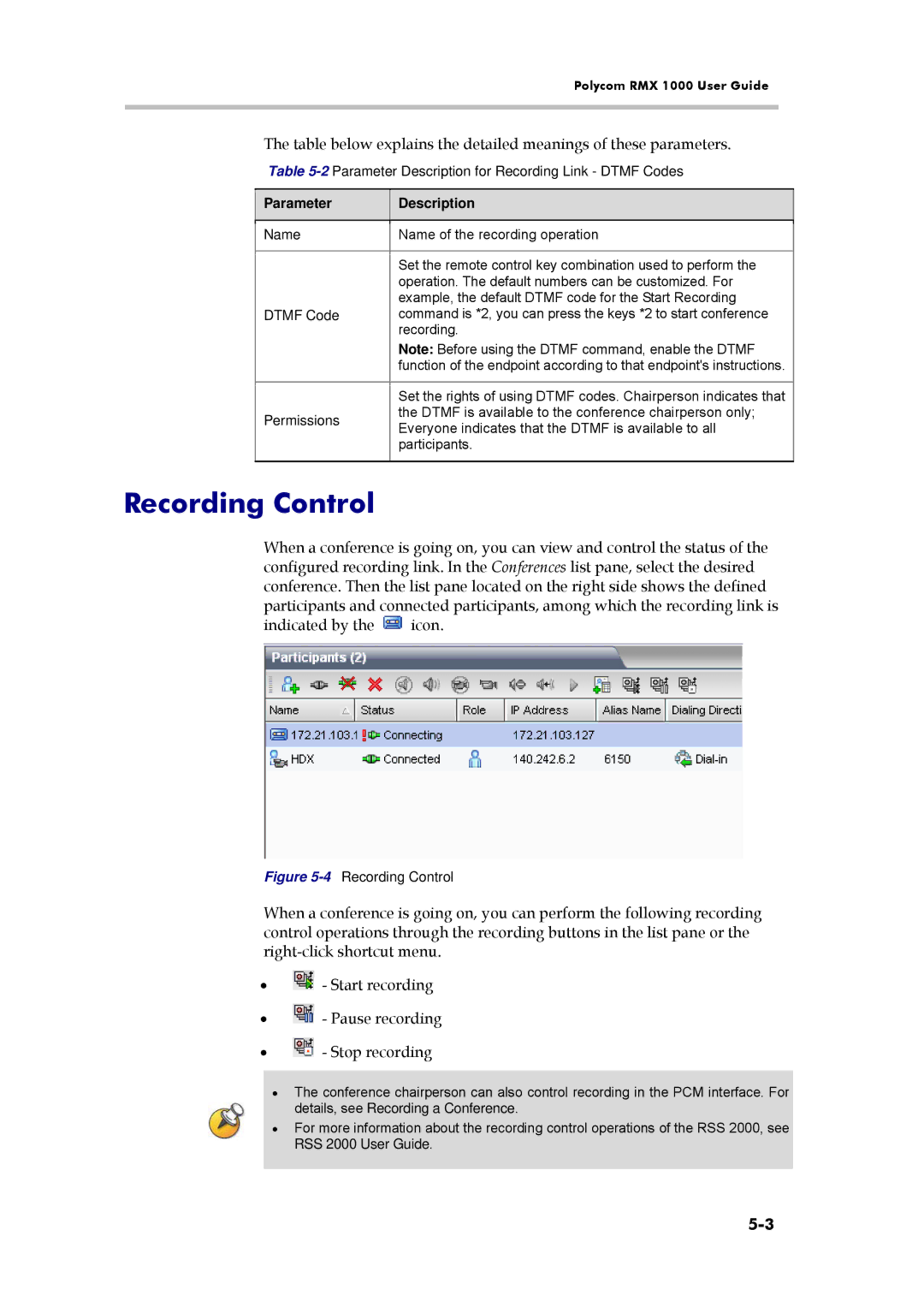 Polycom RMX 1000, 3150-16966-002 manual Recording Control, 2Parameter Description for Recording Link Dtmf Codes 