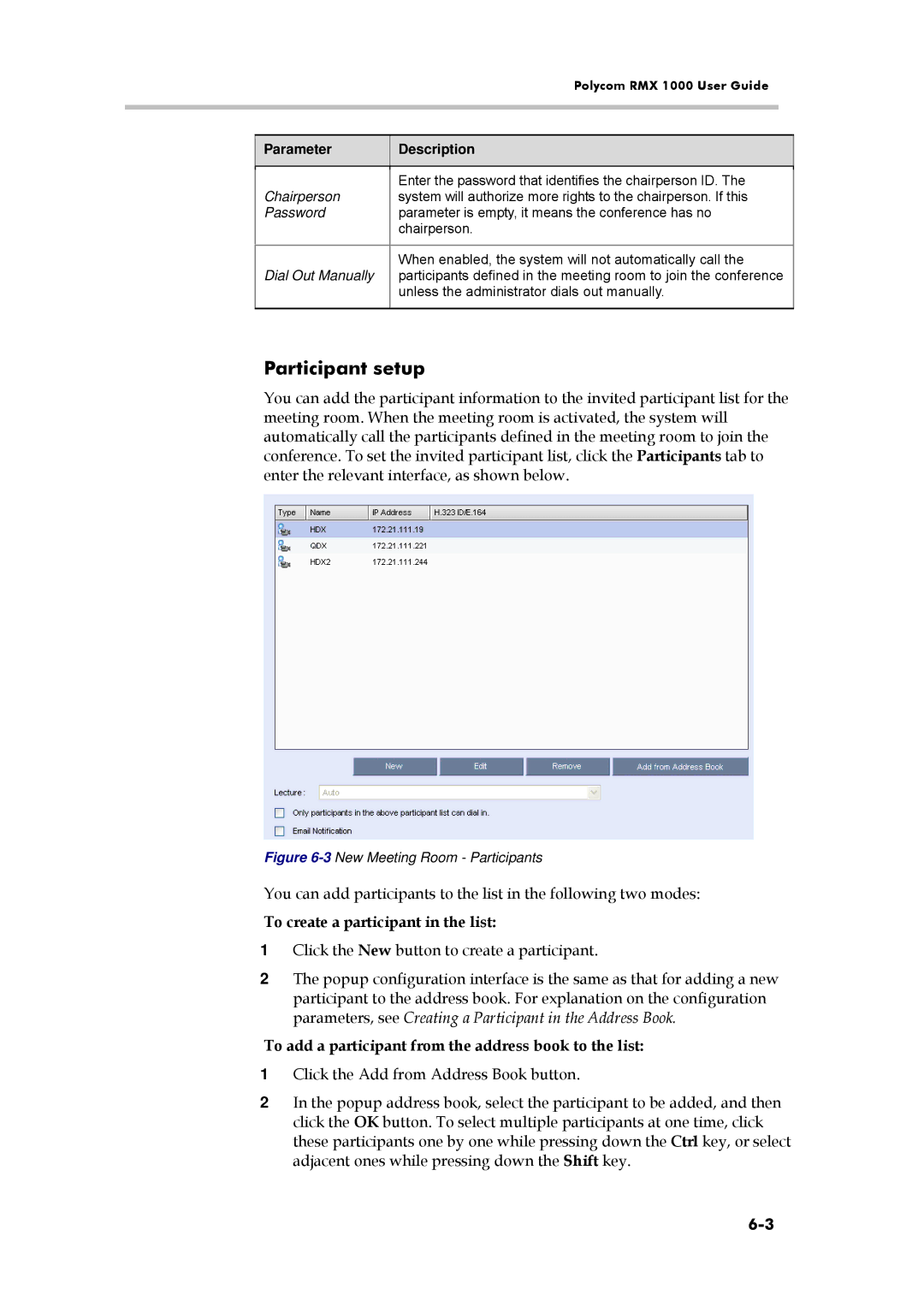 Polycom RMX 1000, 3150-16966-002 Participant setup, To create a participant in the list, Chairperson, Dial Out Manually 