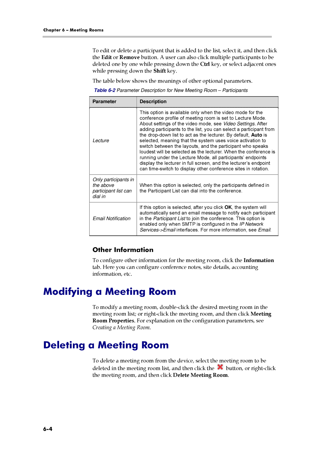 Polycom 3150-16966-002, RMX 1000 manual Modifying a Meeting Room, Deleting a Meeting Room, Other Information 