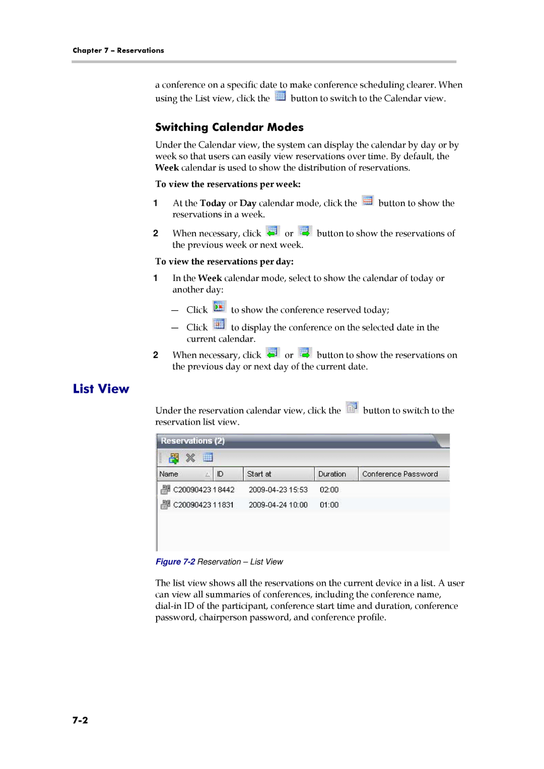 Polycom 3150-16966-002, RMX 1000 manual List View, Switching Calendar Modes, To view the reservations per week 