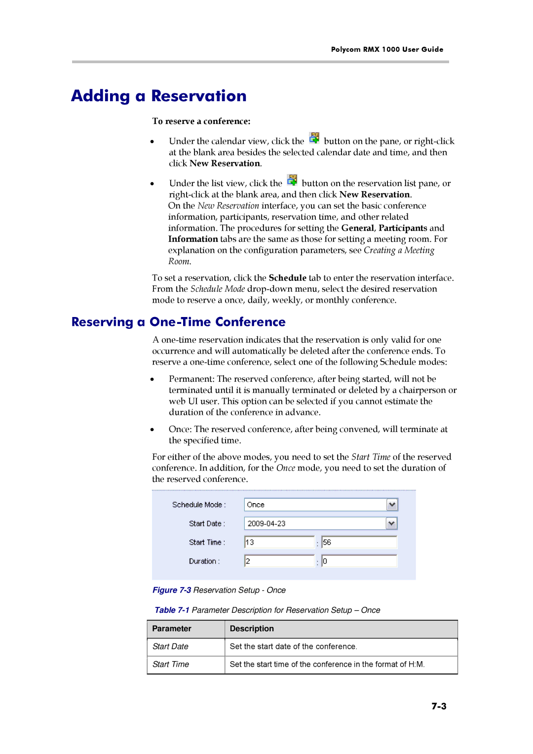 Polycom RMX 1000, 3150-16966-002 manual Adding a Reservation, Reserving a One-Time Conference, To reserve a conference 
