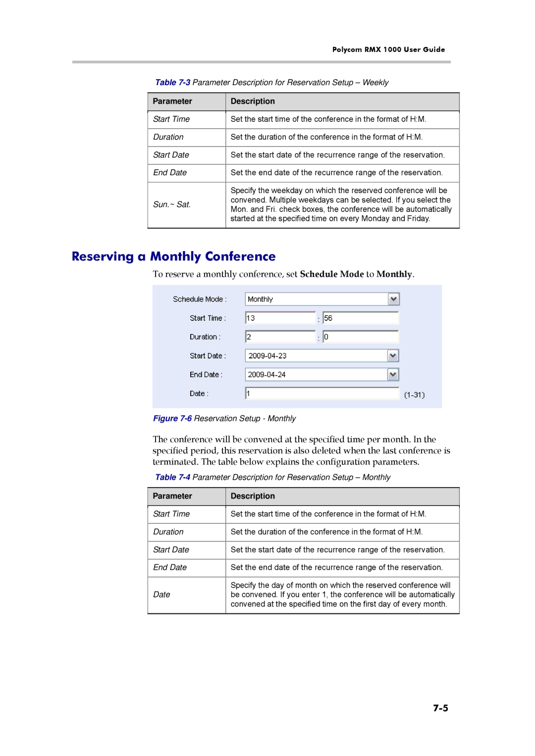 Polycom RMX 1000, 3150-16966-002 Reserving a Monthly Conference, 3Parameter Description for Reservation Setup Weekly, Date 