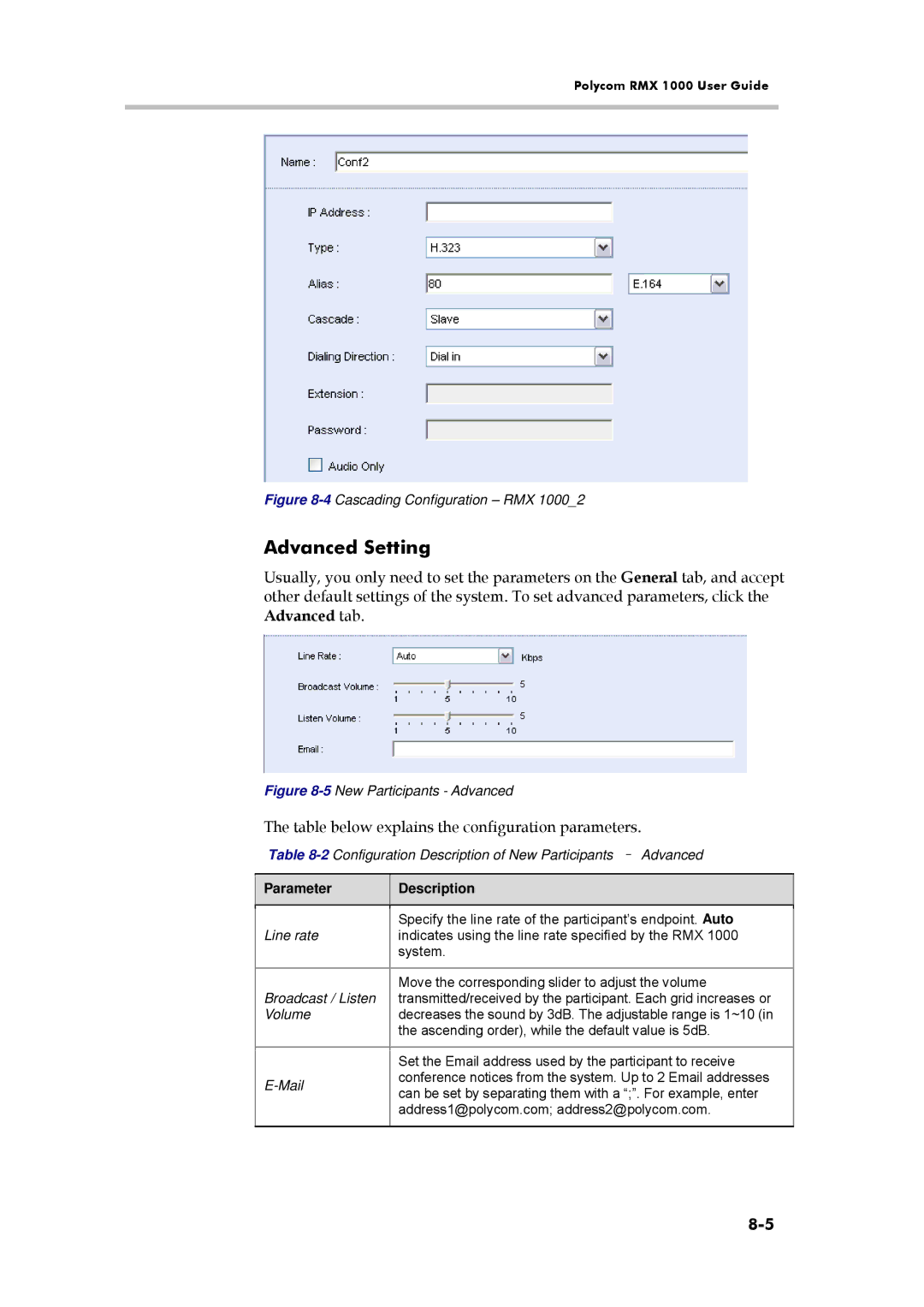 Polycom RMX 1000 Advanced Setting, 2Configuration Description of New Participants Advanced, Broadcast / Listen, Volume 