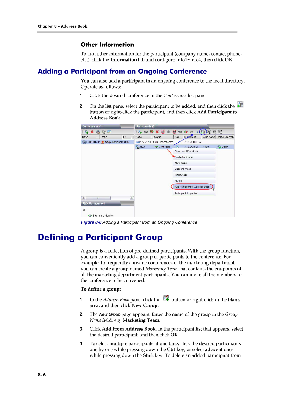 Polycom 3150-16966-002 Defining a Participant Group, Adding a Participant from an Ongoing Conference, To define a group 