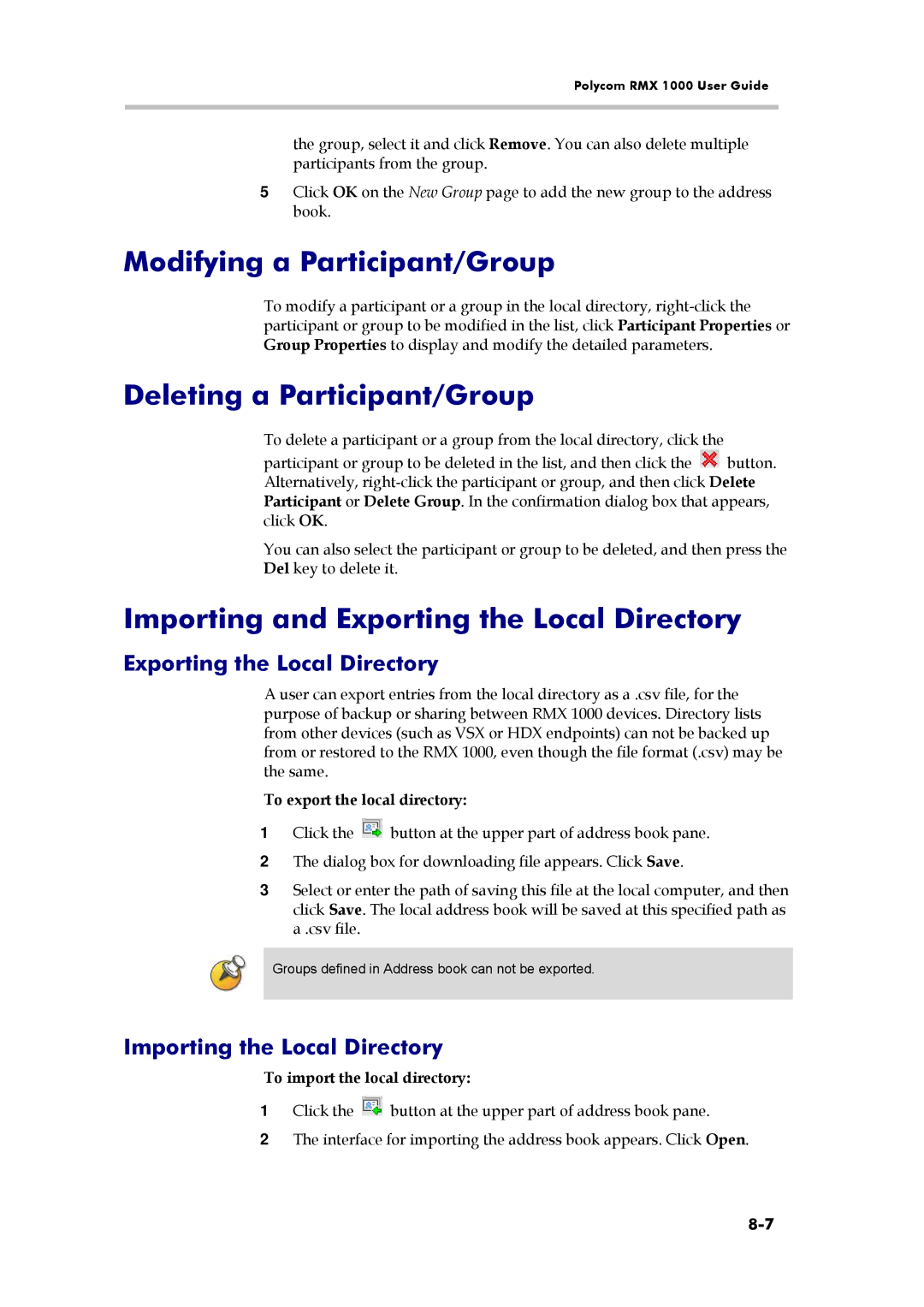 Polycom RMX 1000 Modifying a Participant/Group, Deleting a Participant/Group, Importing and Exporting the Local Directory 