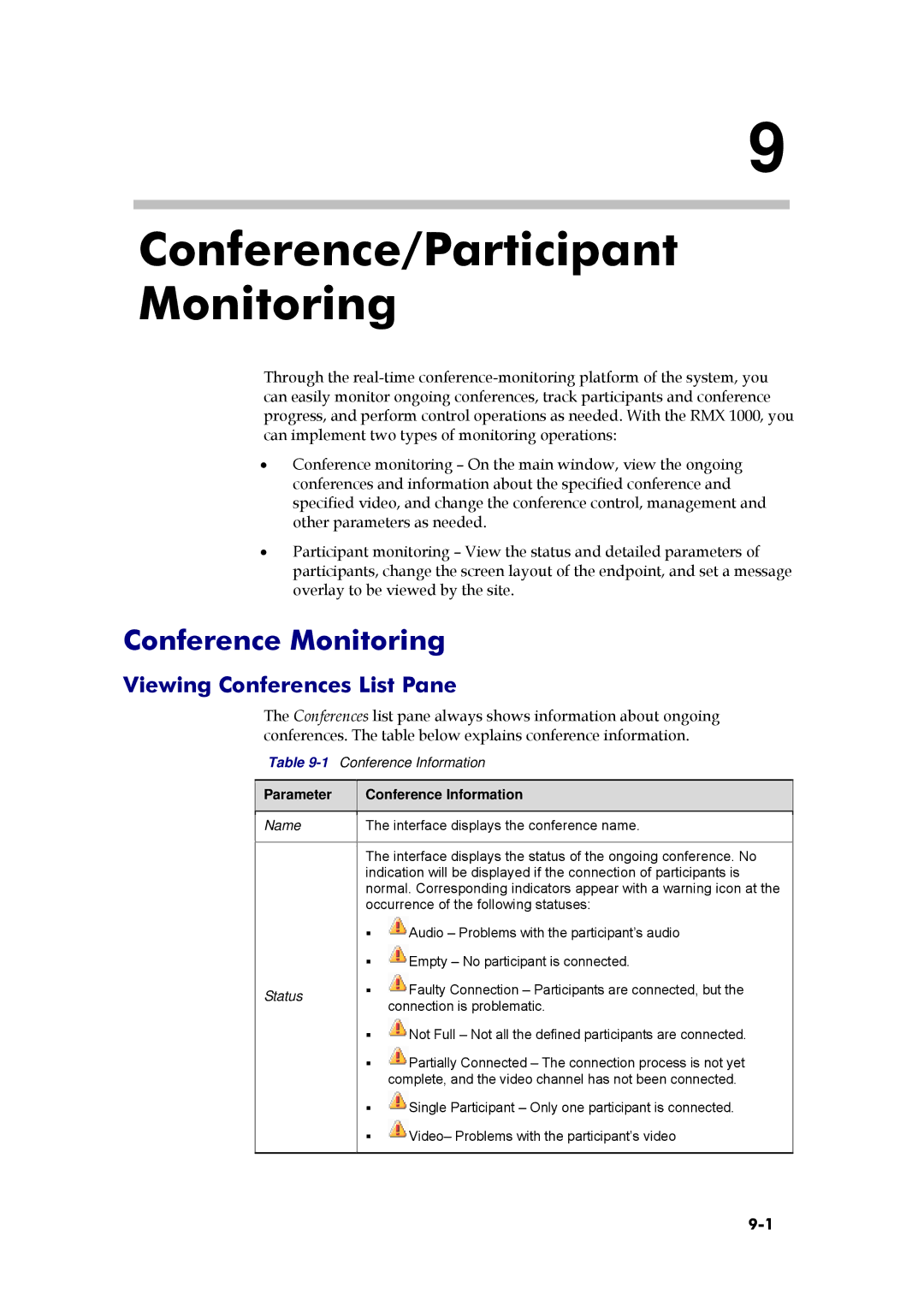 Polycom RMX 1000, 3150-16966-002 Conference/Participant Monitoring, Conference Monitoring, Viewing Conferences List Pane 