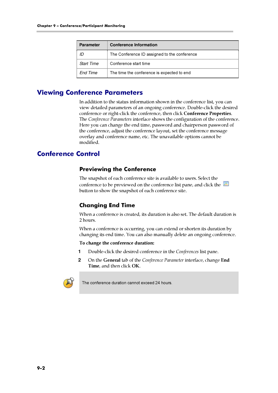 Polycom 3150-16966-002 Viewing Conference Parameters, Conference Control, Previewing the Conference, Changing End Time 