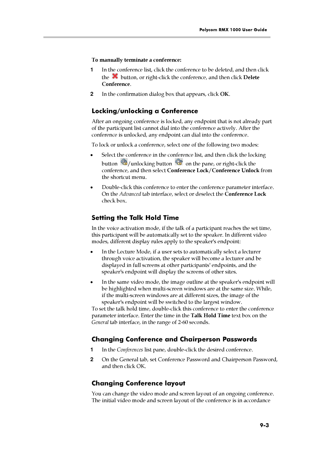 Polycom RMX 1000 Locking/unlocking a Conference, Setting the Talk Hold Time, Changing Conference and Chairperson Passwords 