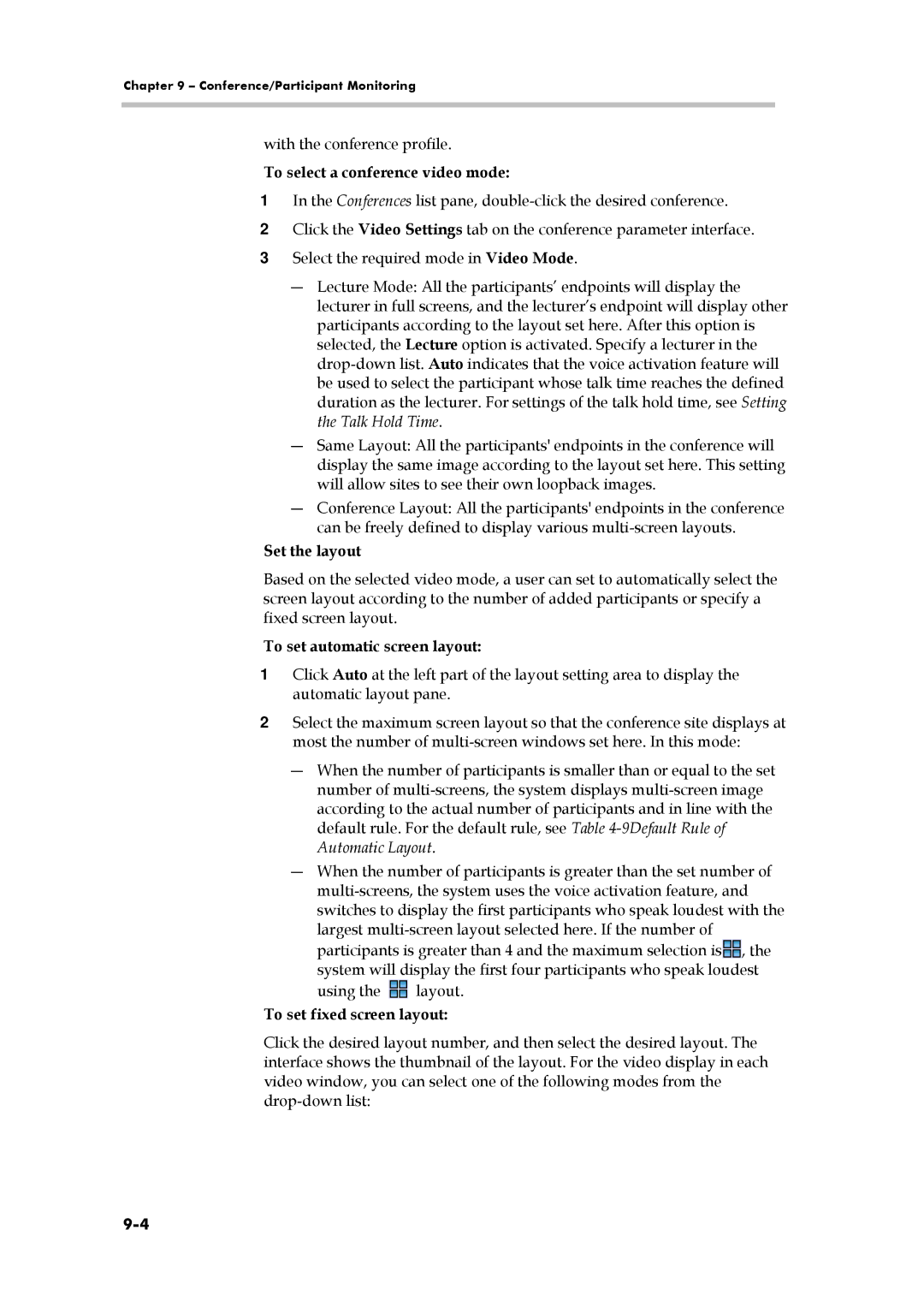 Polycom 3150-16966-002, RMX 1000 manual To select a conference video mode, Set the layout, To set automatic screen layout 