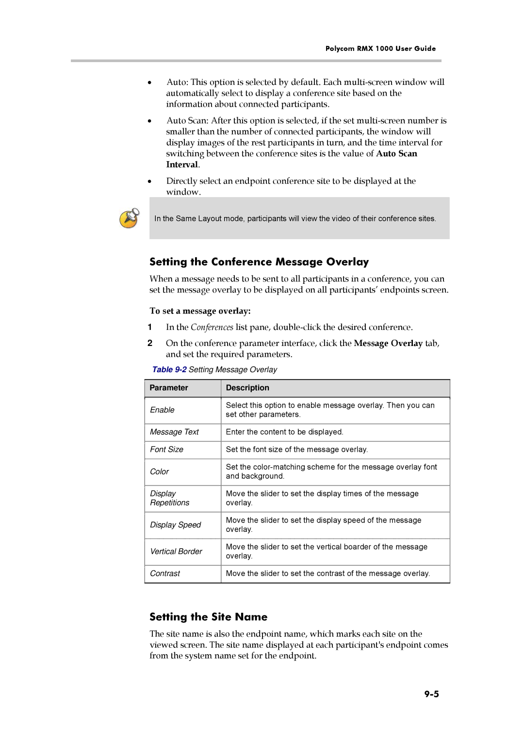 Polycom RMX 1000, 3150-16966-002 Setting the Conference Message Overlay, Setting the Site Name, To set a message overlay 