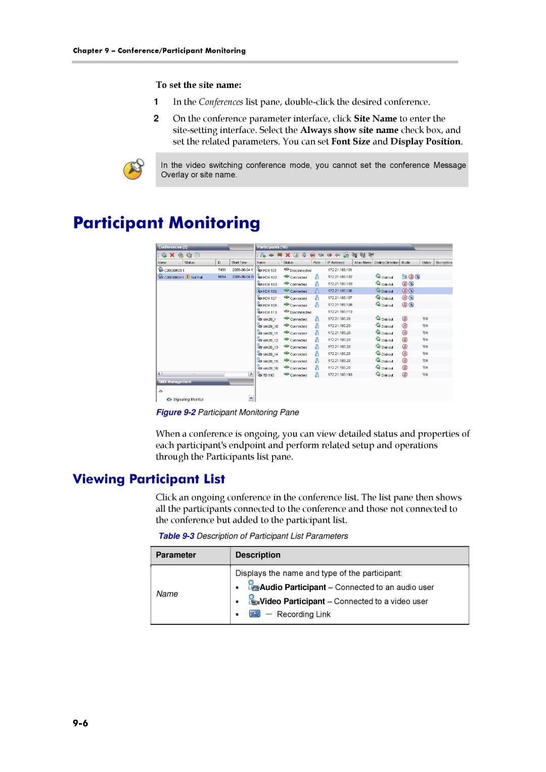 Polycom 3150-16966-002, RMX 1000 manual Participant Monitoring, Viewing Participant List, To set the site name 