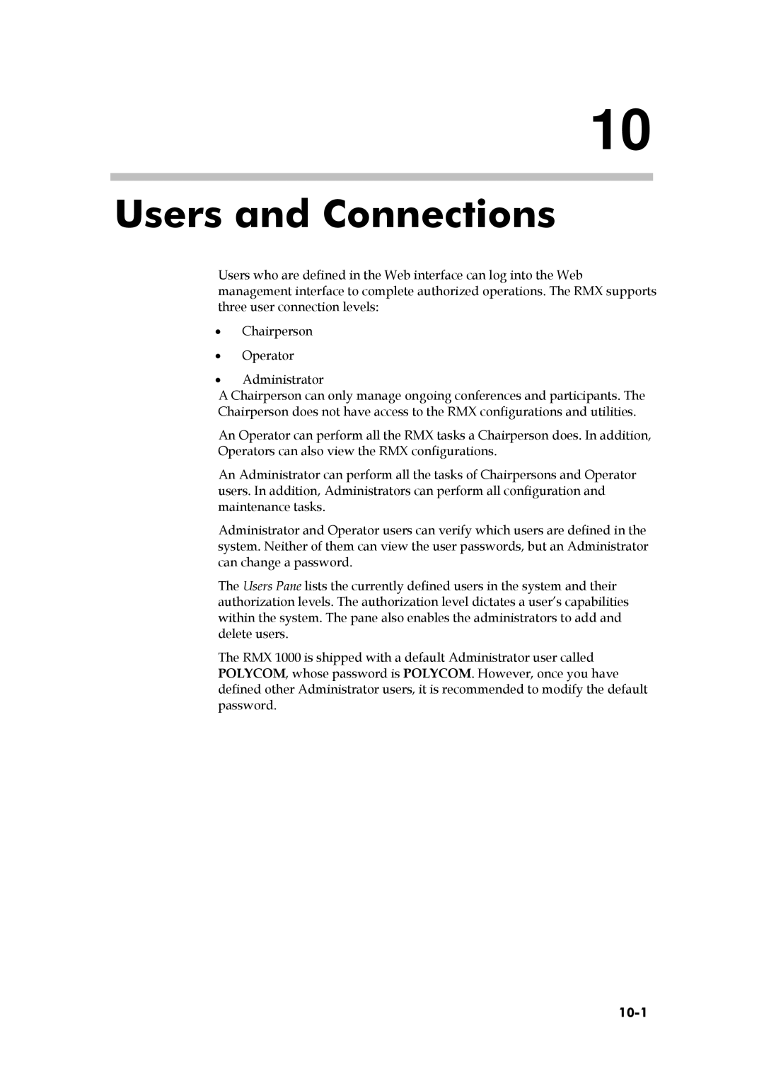 Polycom RMX 1000, 3150-16966-002 manual Users and Connections, 10-1 