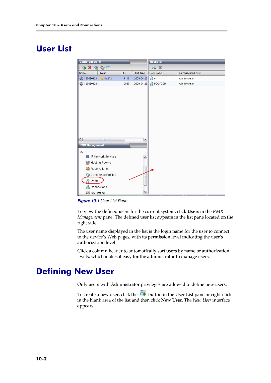 Polycom 3150-16966-002, RMX 1000 manual User List, Defining New User, 10-2 