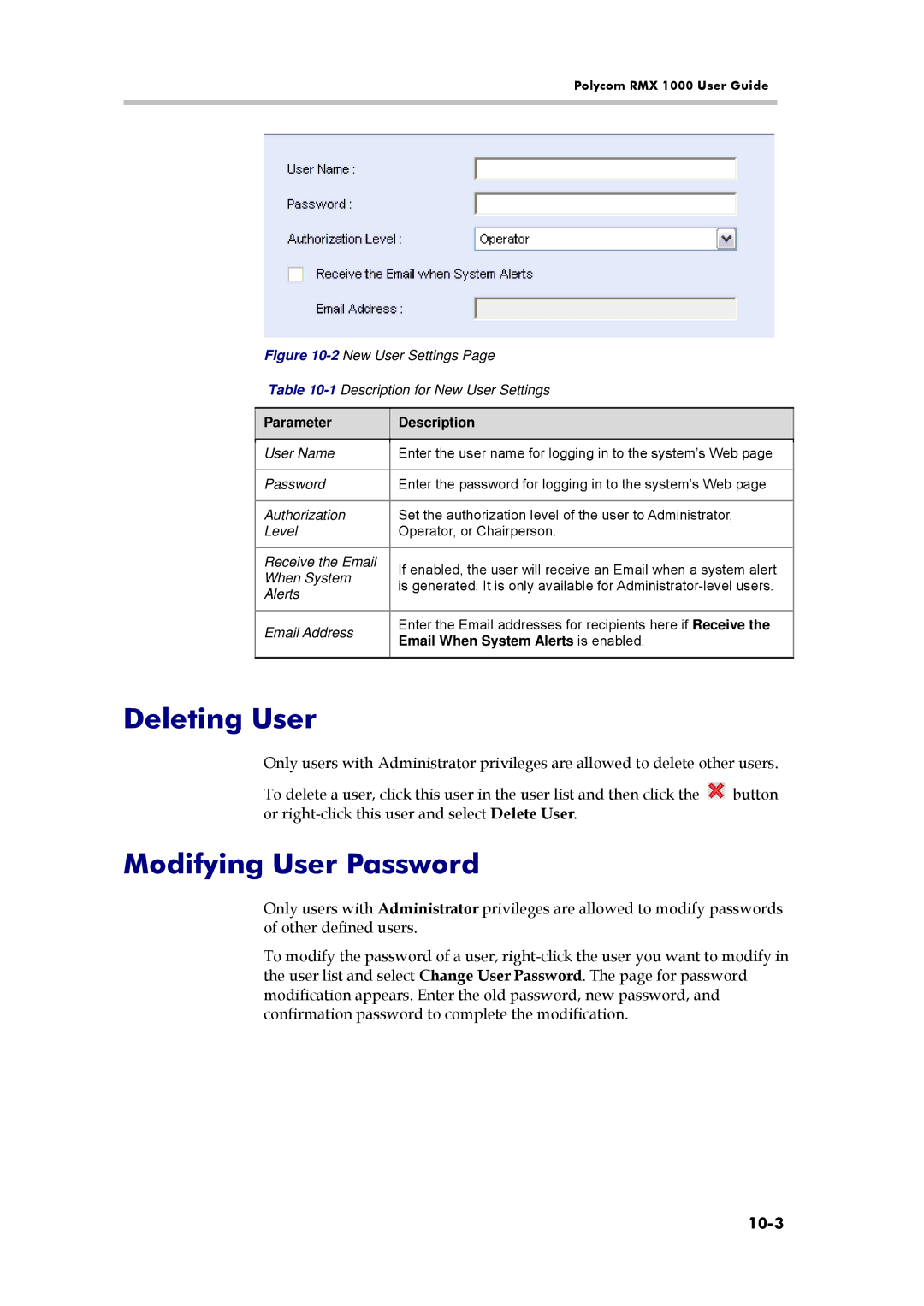 Polycom RMX 1000, 3150-16966-002 manual Deleting User, Modifying User Password, 10-3 