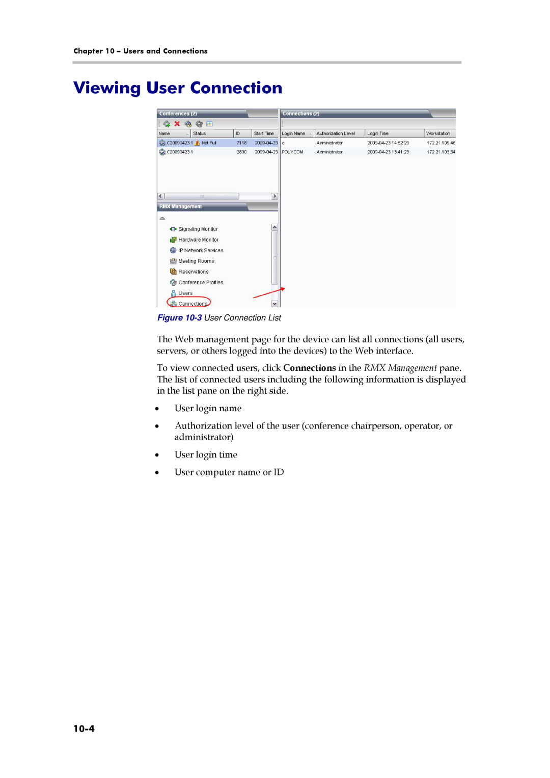 Polycom 3150-16966-002, RMX 1000 manual Viewing User Connection, 10-4 