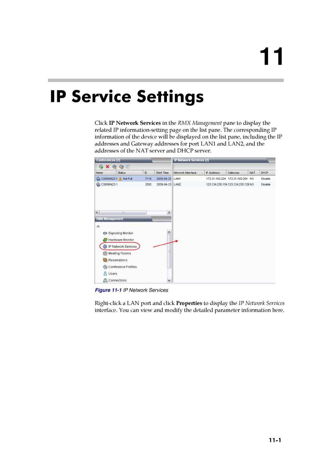 Polycom RMX 1000, 3150-16966-002 manual IP Service Settings, 11-1 