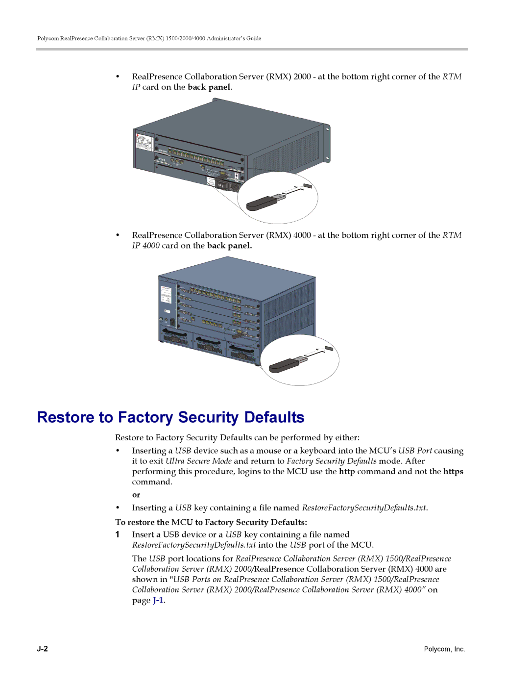 Polycom RMX 1500, DOC2702A manual Restore to Factory Security Defaults, To restore the MCU to Factory Security Defaults 