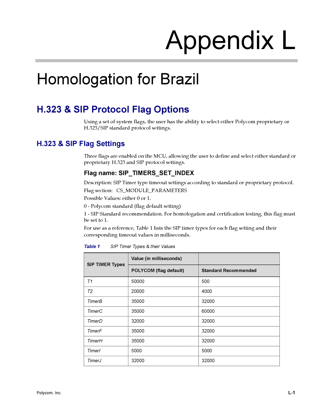 Polycom DOC2702A, RMX 1500 manual Homologation for Brazil, 323 & SIP Flag Settings, Flag name Siptimerssetindex 