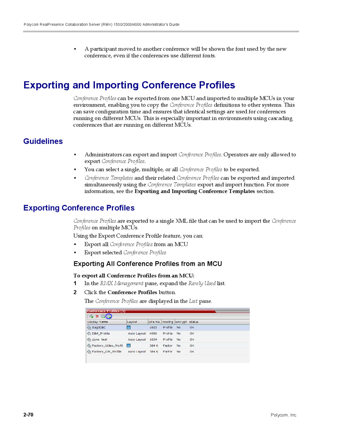 Polycom RMX 1500, DOC2702A manual Exporting and Importing Conference Profiles, Exporting Conference Profiles 