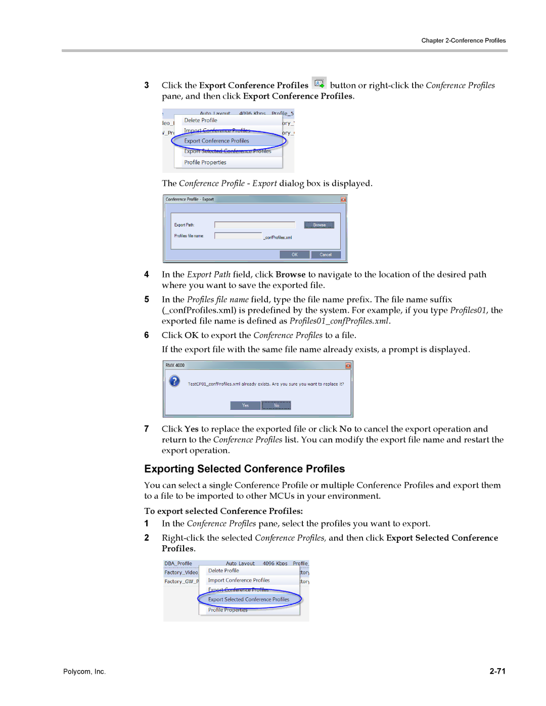 Polycom DOC2702A, RMX 1500 manual Exporting Selected Conference Profiles, To export selected Conference Profiles 