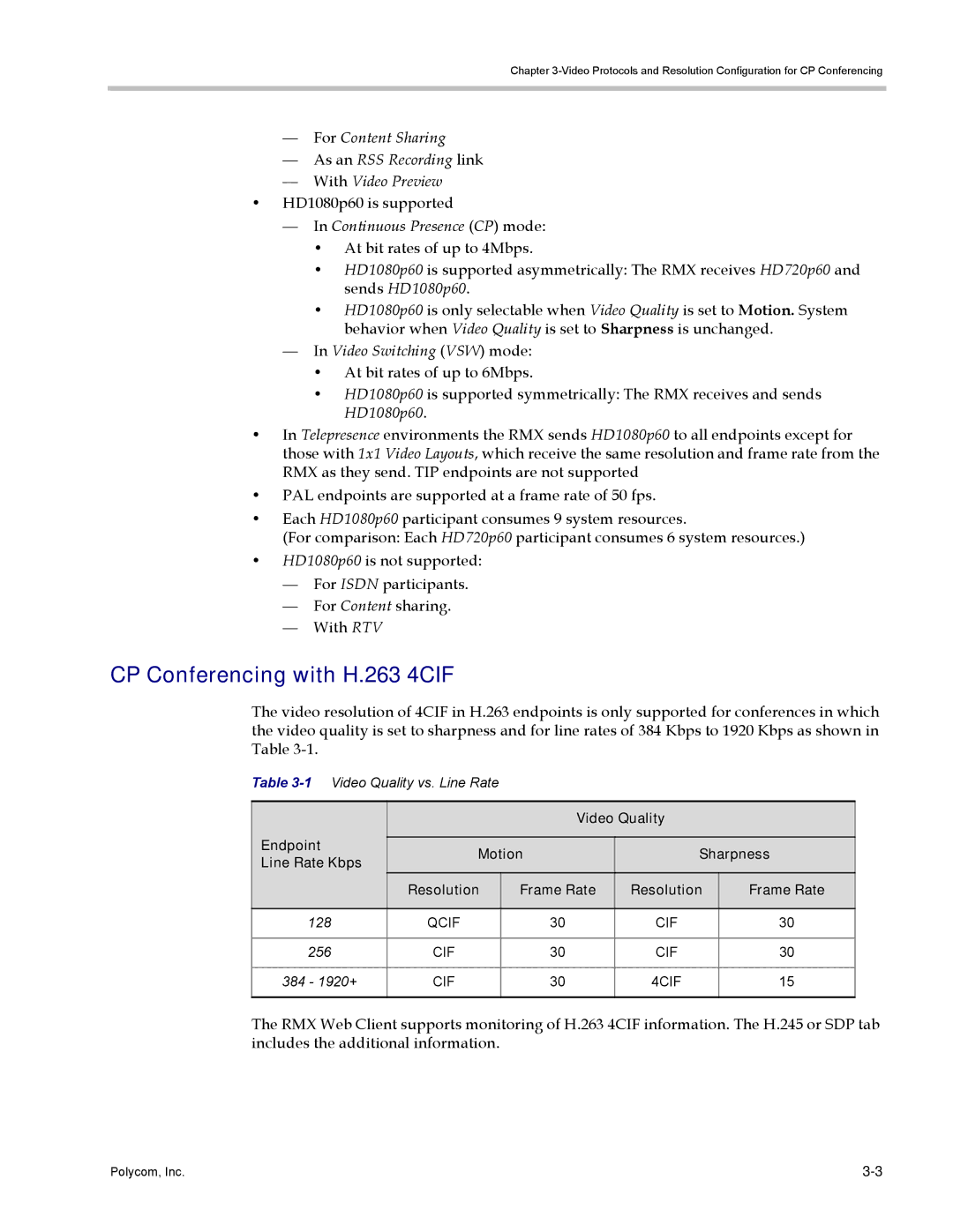 Polycom DOC2702A, RMX 1500 manual CP Conferencing with H.263 4CIF, HD1080p60 is supported, Continuous Presence CP mode 