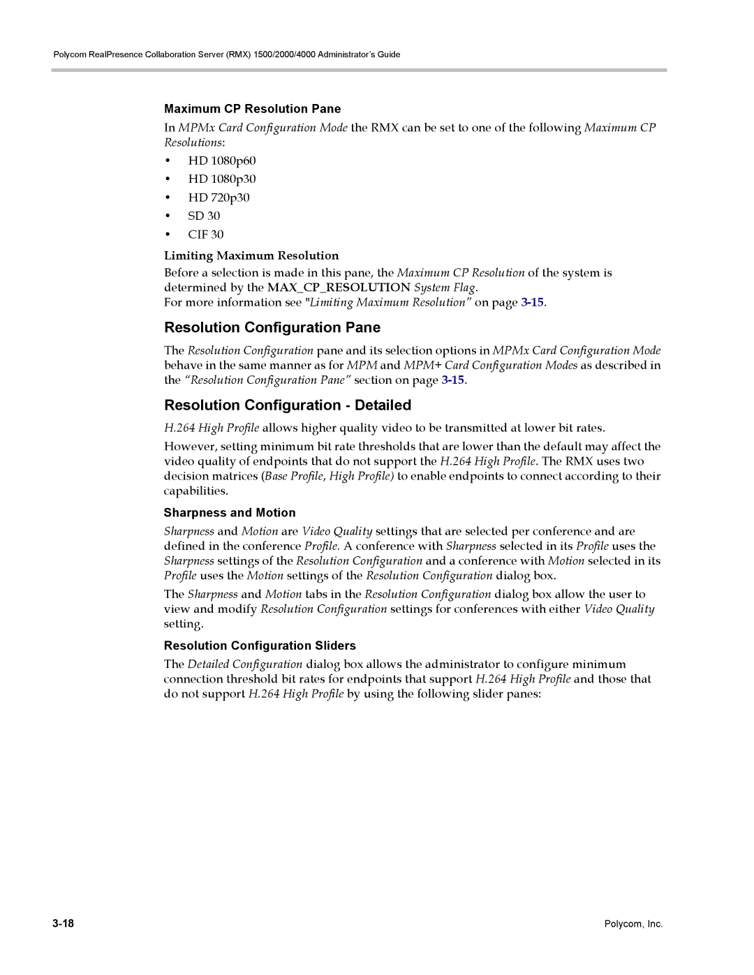 Polycom RMX 1500, DOC2702A manual Resolution Configuration Detailed, Limiting Maximum Resolution 