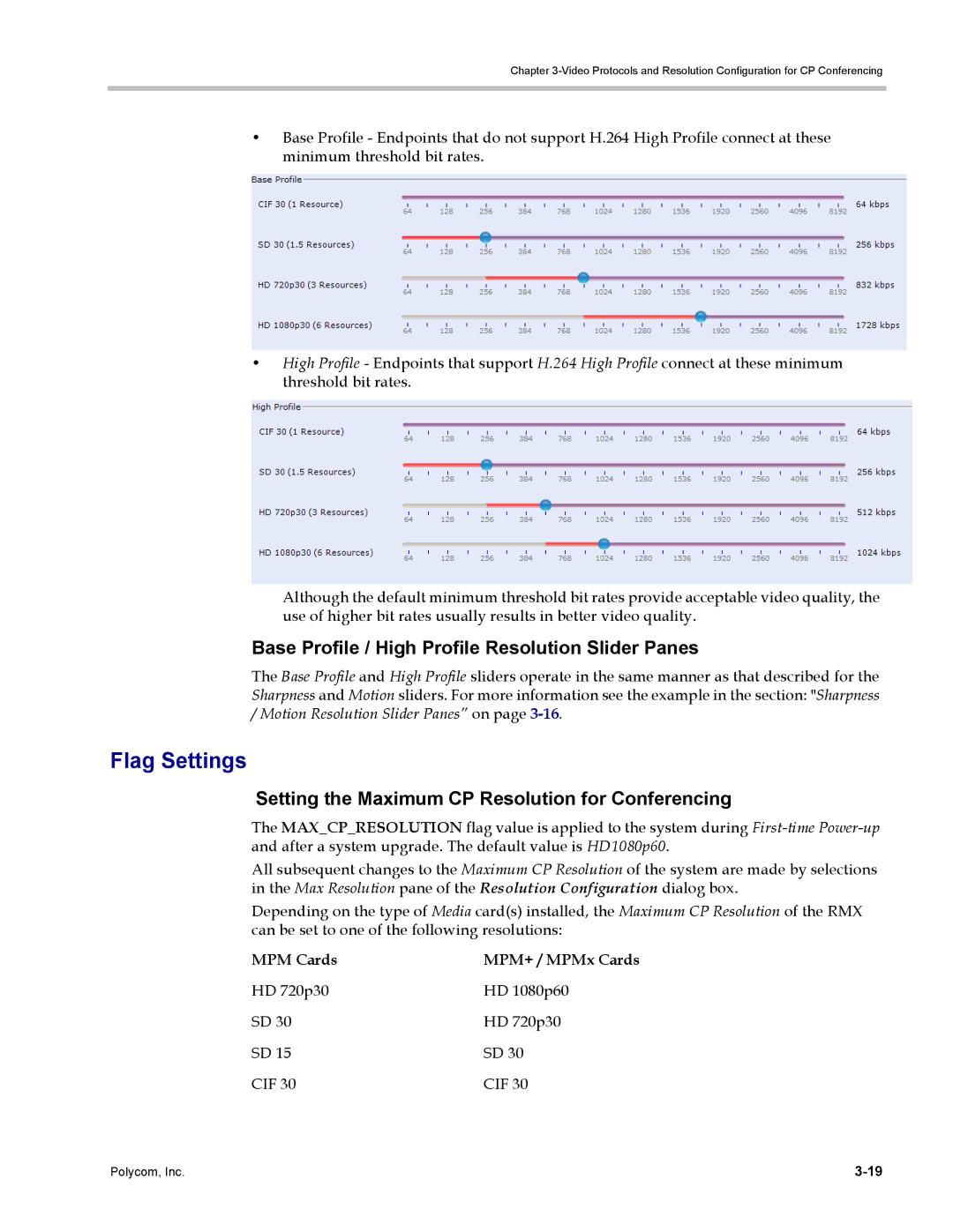 Polycom DOC2702A, RMX 1500 Flag Settings, Base Profile / High Profile Resolution Slider Panes, MPM Cards MPM+ / MPMx Cards 