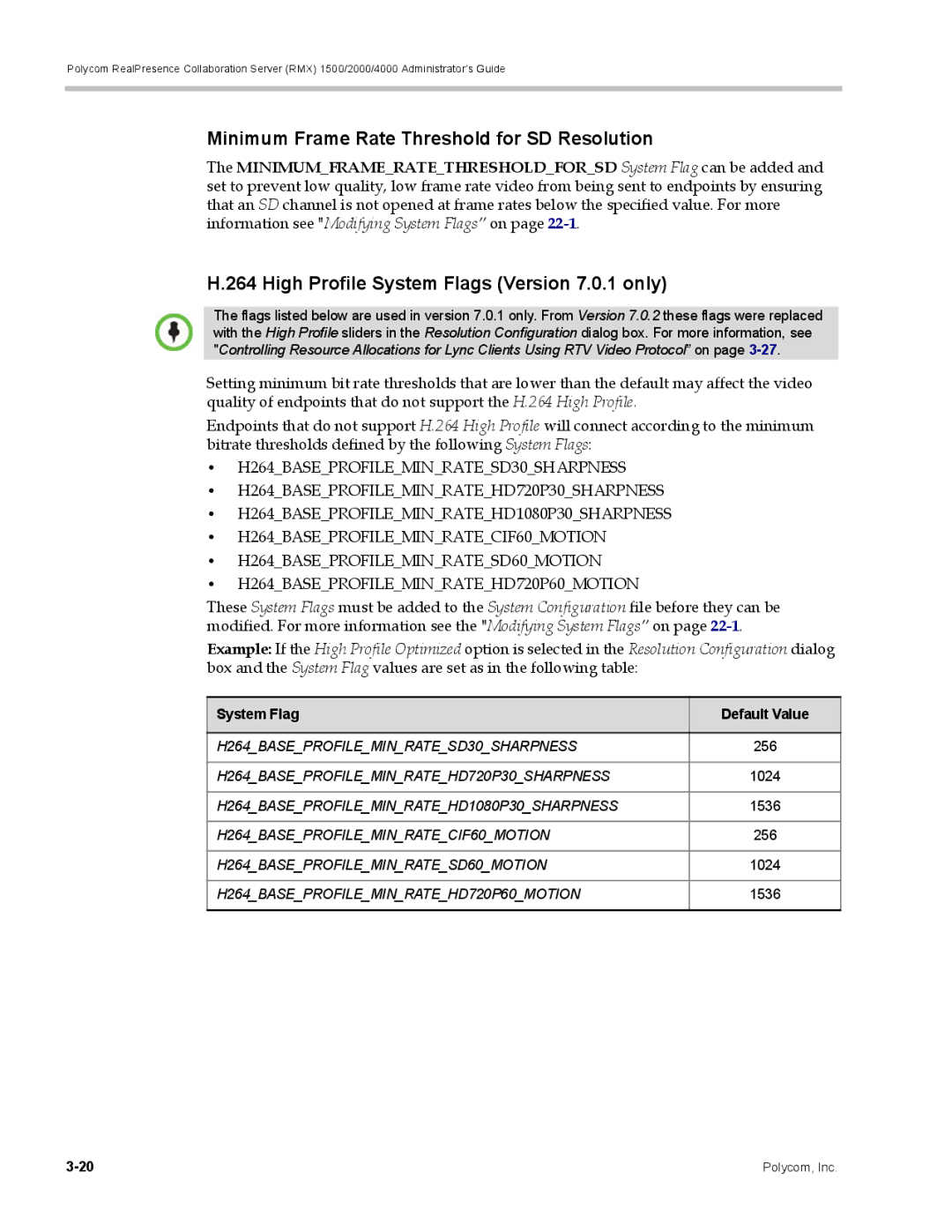 Polycom RMX 1500, DOC2702A Minimum Frame Rate Threshold for SD Resolution, High Profile System Flags Version 7.0.1 only 