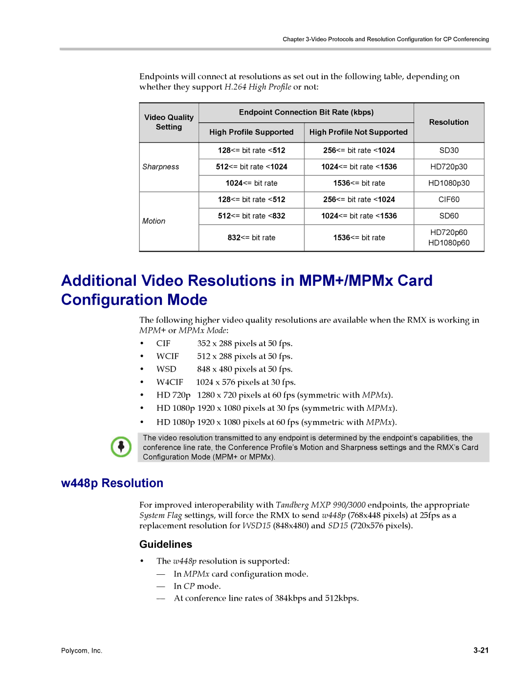 Polycom DOC2702A W448p Resolution, 352 x 288 pixels at 50 fps, 512 x 288 pixels at 50 fps, 848 x 480 pixels at 50 fps 