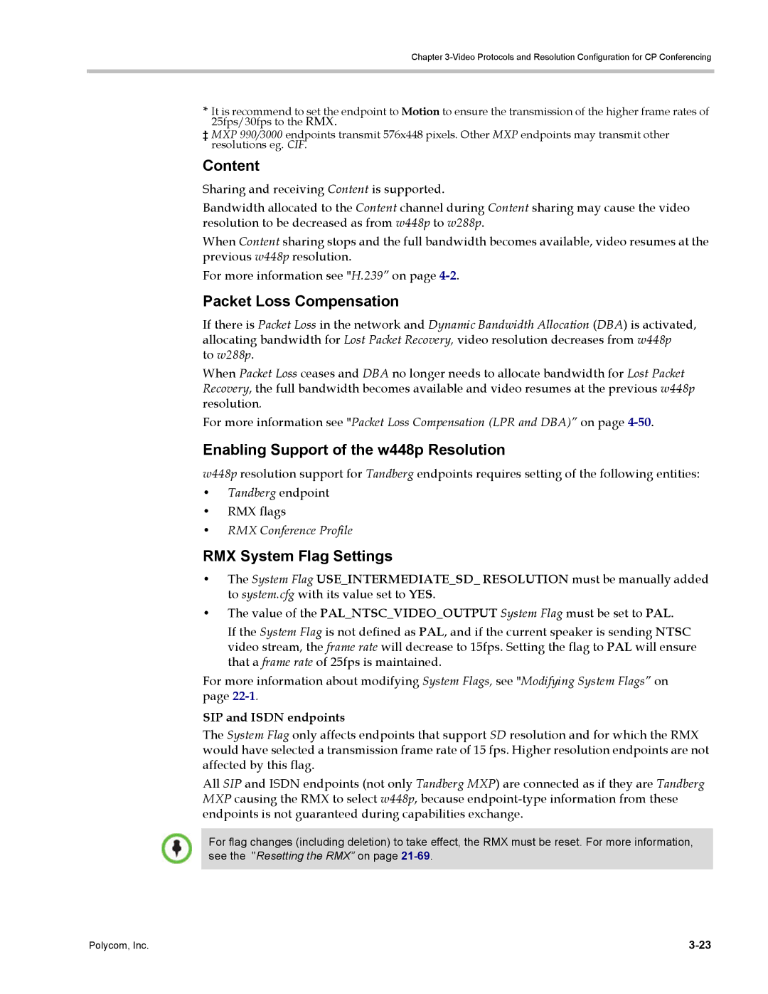 Polycom DOC2702A Content, Packet Loss Compensation, Enabling Support of the w448p Resolution, RMX System Flag Settings 