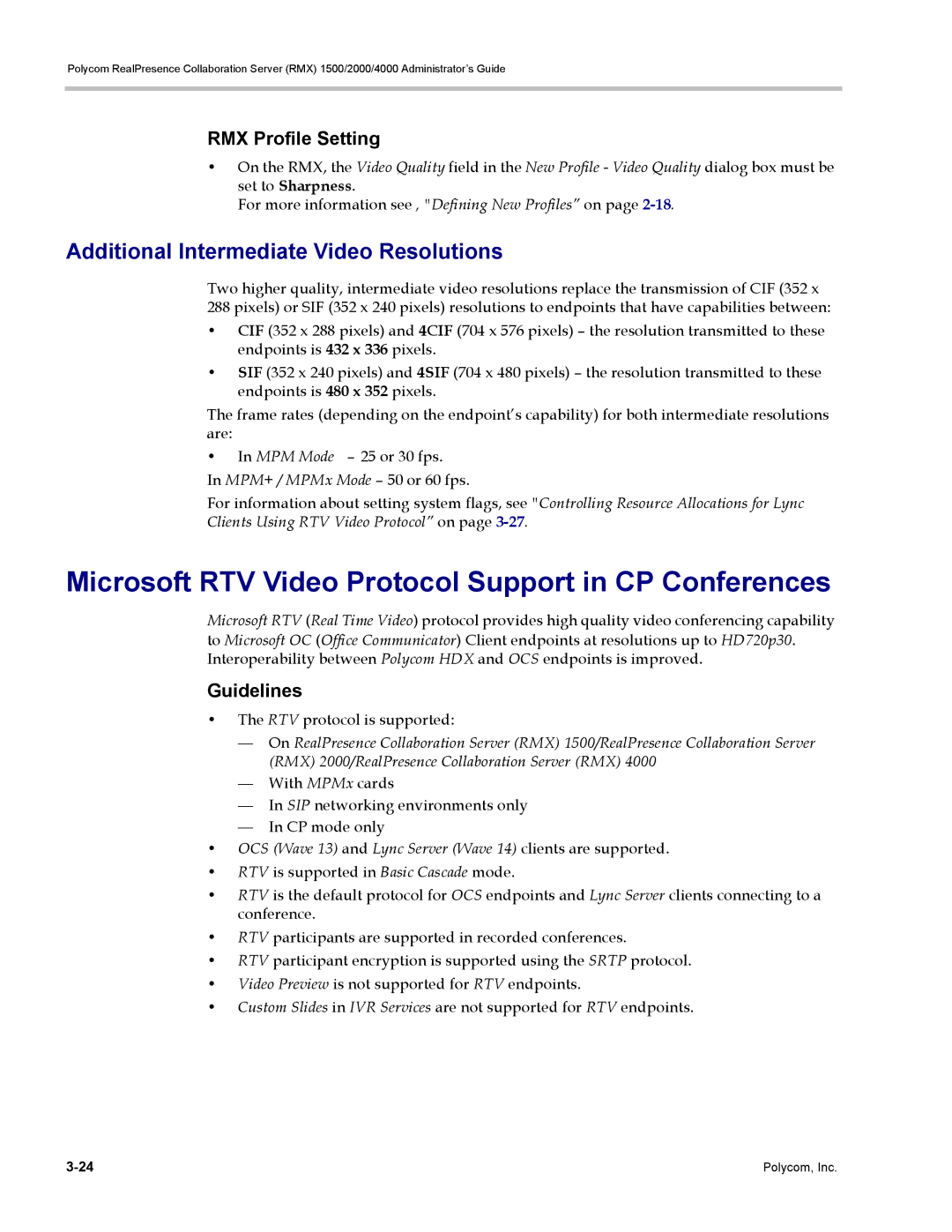 Polycom RMX 1500 manual Microsoft RTV Video Protocol Support in CP Conferences, Additional Intermediate Video Resolutions 