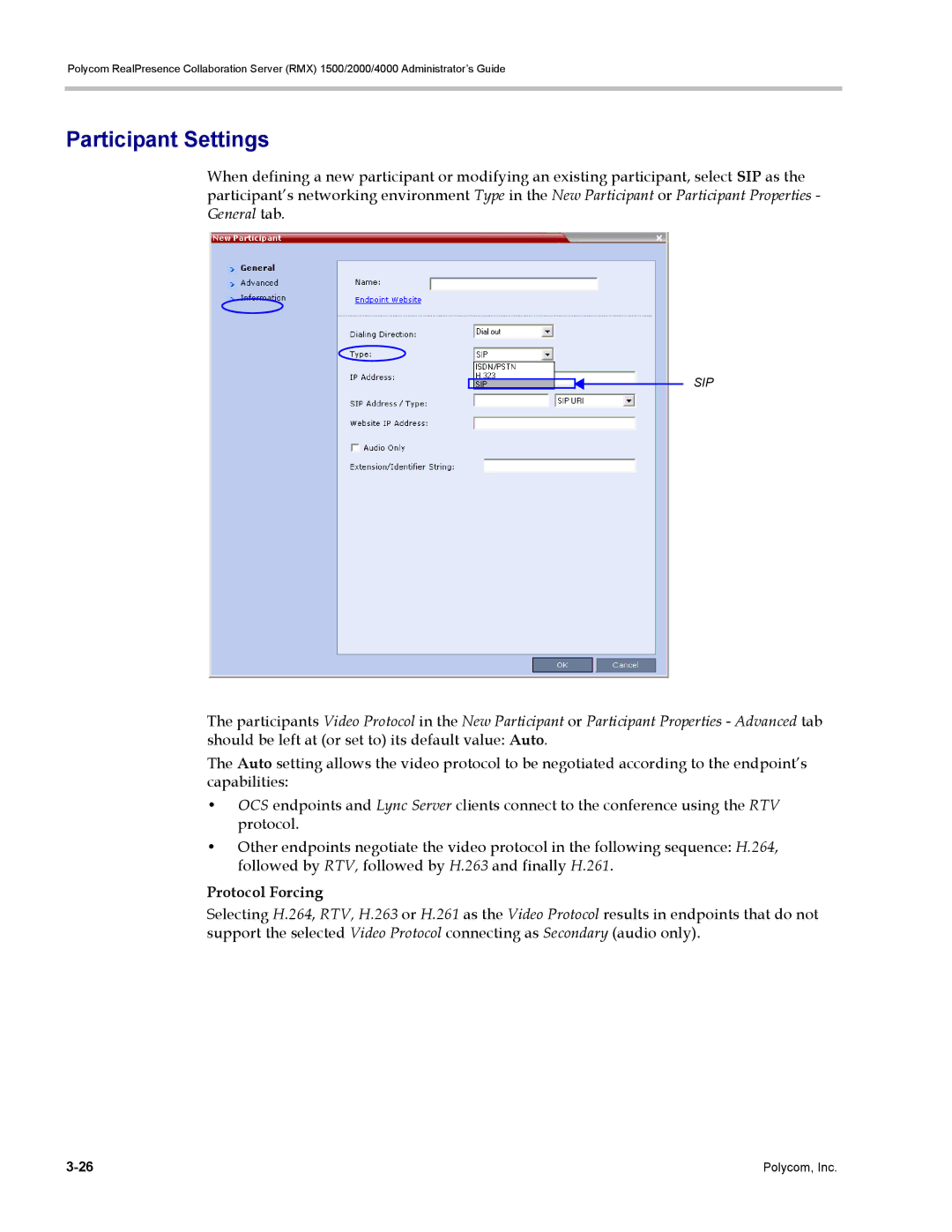 Polycom RMX 1500, DOC2702A manual Participant Settings, Protocol Forcing 