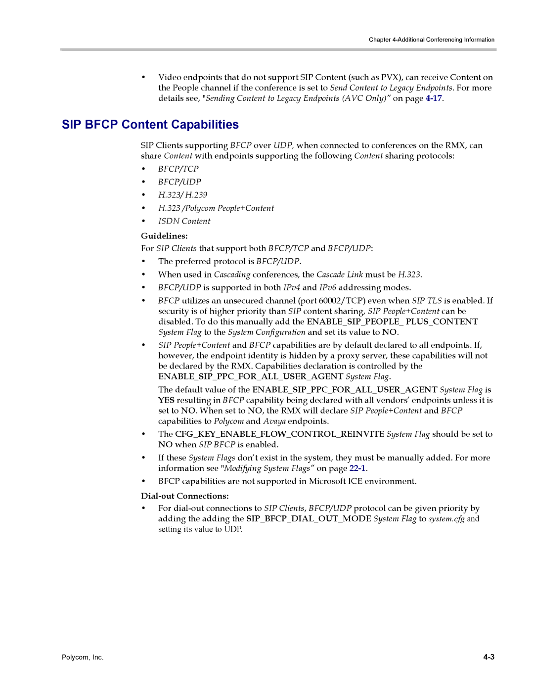 Polycom DOC2702A SIP Bfcp Content Capabilities, 323/ H.239 323 /Polycom People+Content Isdn Content, Dial-out Connections 