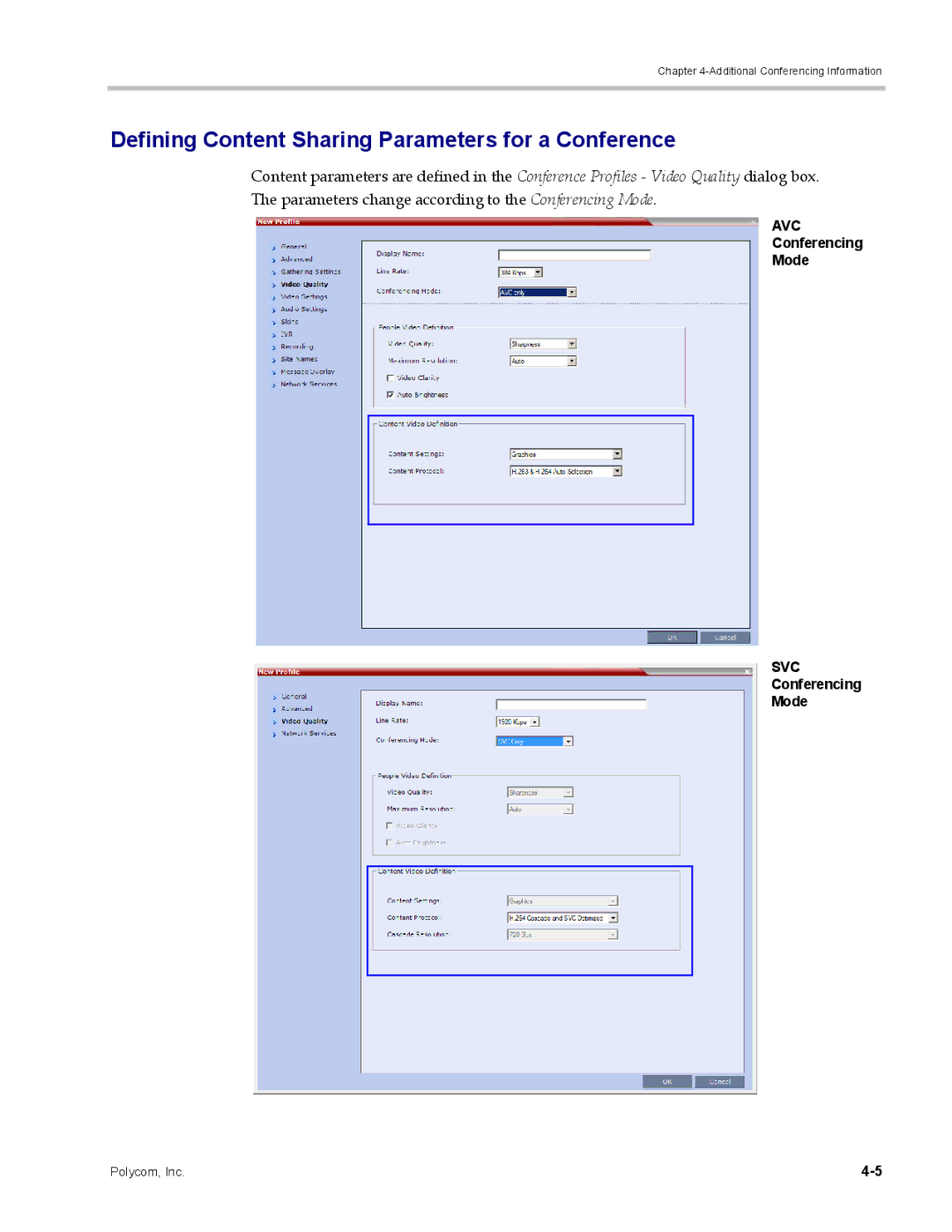 Polycom DOC2702A, RMX 1500 manual Defining Content Sharing Parameters for a Conference, Conferencing Mode 