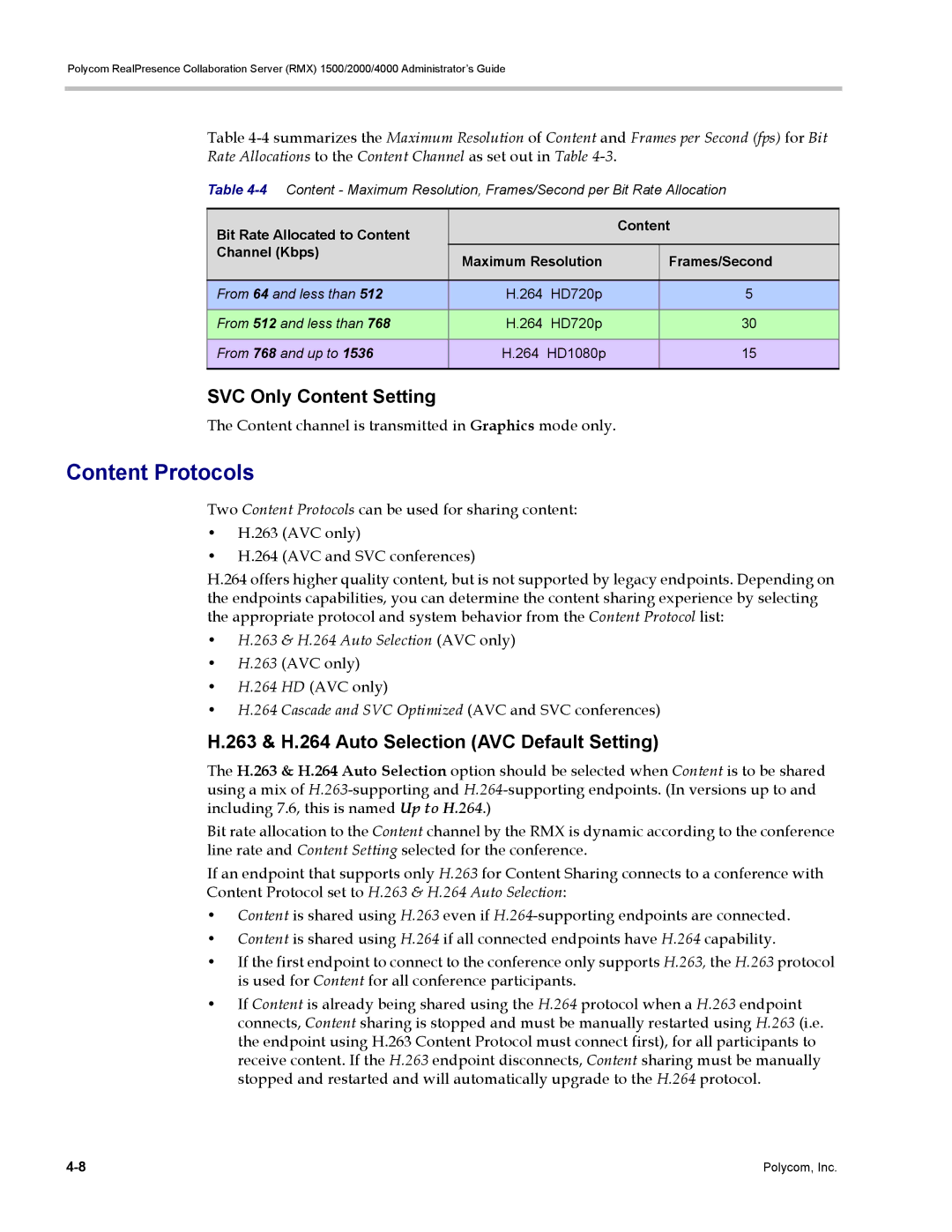 Polycom RMX 1500, DOC2702A Content Protocols, SVC Only Content Setting, 263 & H.264 Auto Selection AVC Default Setting 