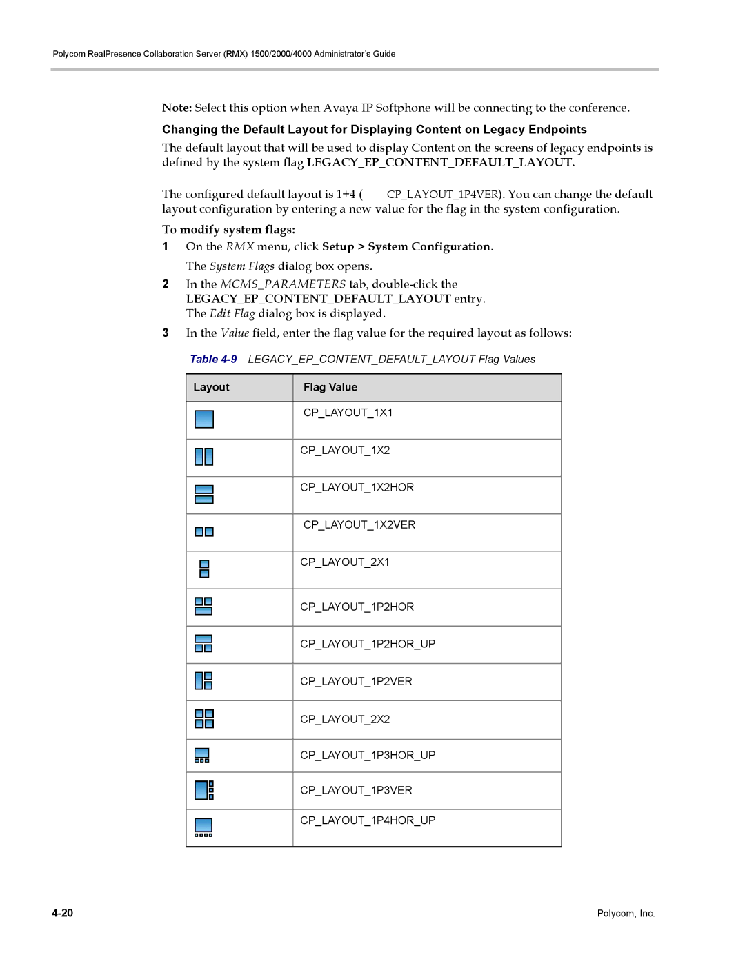 Polycom RMX 1500, DOC2702A manual To modify system flags, 9LEGACYEPCONTENTDEFAULTLAYOUT Flag Values, Layout Flag Value 