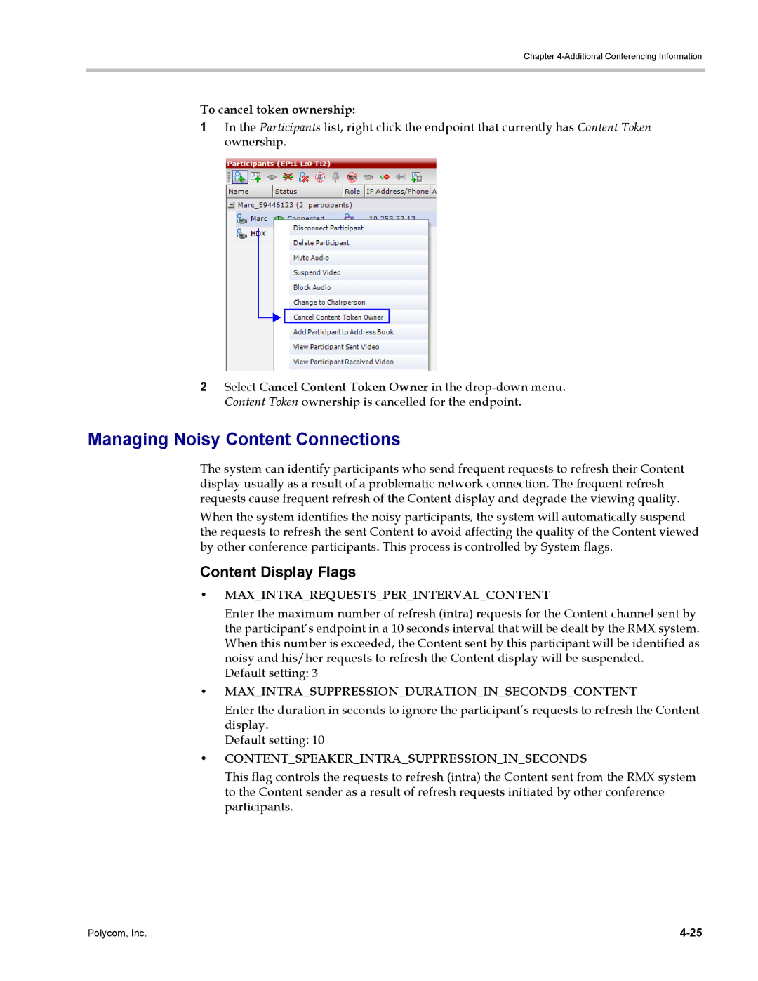 Polycom DOC2702A, RMX 1500 manual Managing Noisy Content Connections, Content Display Flags 